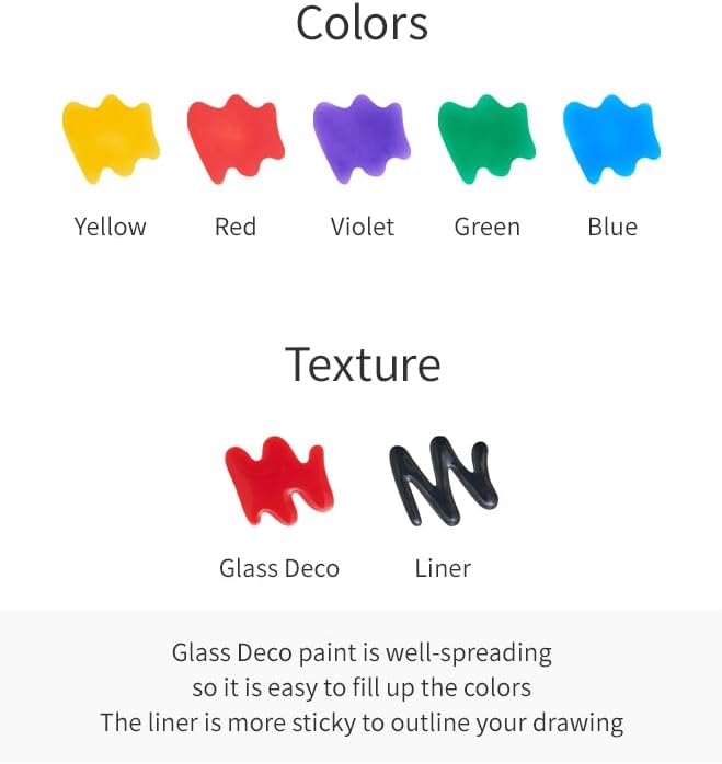 AMOS Glass Deco Window Art Kit — 10.5 ml x 5 Colors — Black Liner, 2 Vinyl Sheets & Pattern Templates, DIY Stained Glass Paint Set for Kids OleocaToys