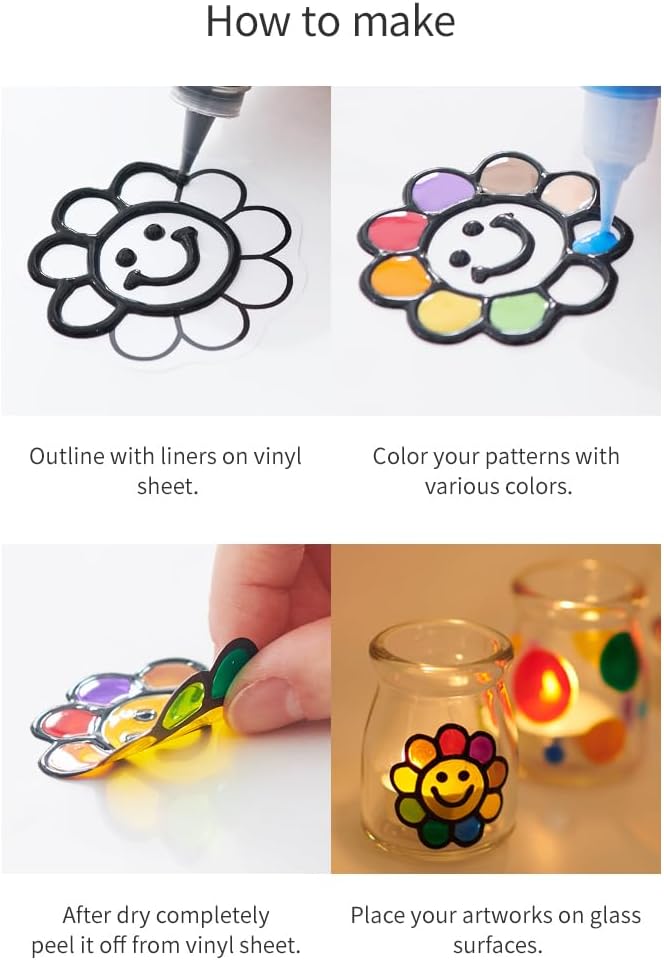 AMOS Glass Deco Window Art Kit — 10.5 ml x 10 Colors — Black & Gold Liners, 3 Vinyl Sheets & Pattern Templates, Glue Stick, DIY Stained Glass Paint Set for Kids OleocaToys