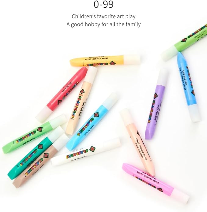 AMOS Glass Deco Window Art Kit — 10.5 ml x 10 Colors — Black & Gold Liners, 3 Vinyl Sheets & Pattern Templates, Glue Stick, DIY Stained Glass Paint Set for Kids OleocaToys