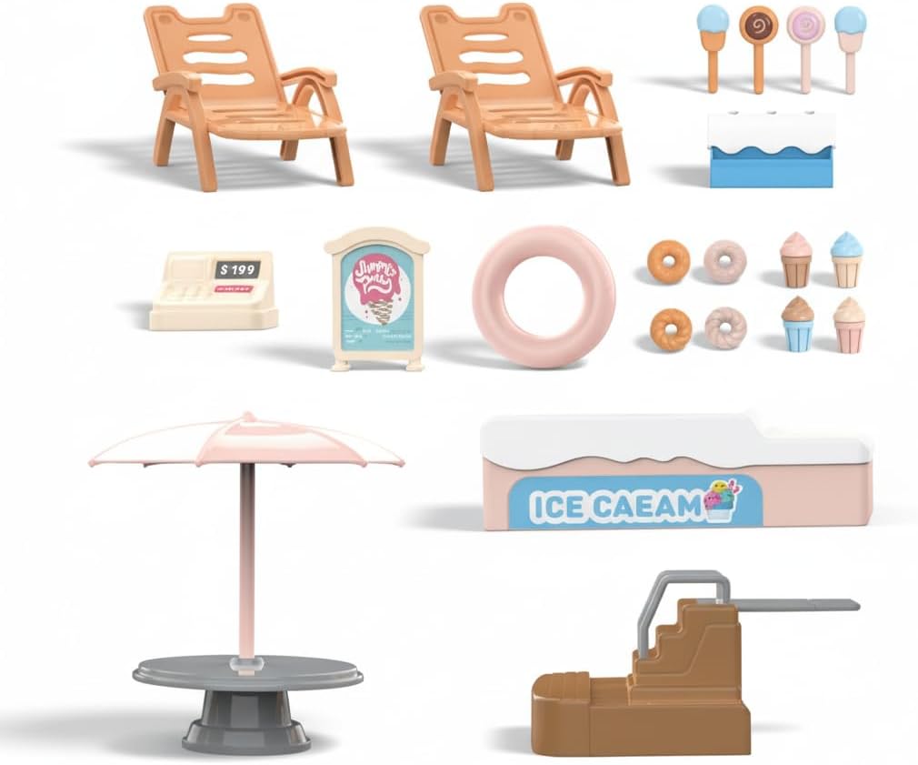 Family Ice Cream Truck Toy — Dessert Food Truck Playset with Cash Register, Chairs & Umbrella, Dollhouse Pretend Play Vehicle, Gift for Kids Ages 3+ OleocaToys