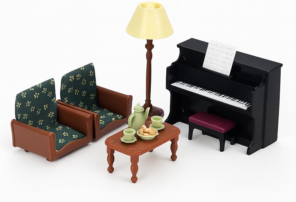 Family Dollhouse Living Room Set — Piano with Bench & Sheet Music, Two Armchairs, Coffee Table, Floor Lamp & Tea Set — Dollhouse Furniture & Accessories for Ages 3+ OleocaToys