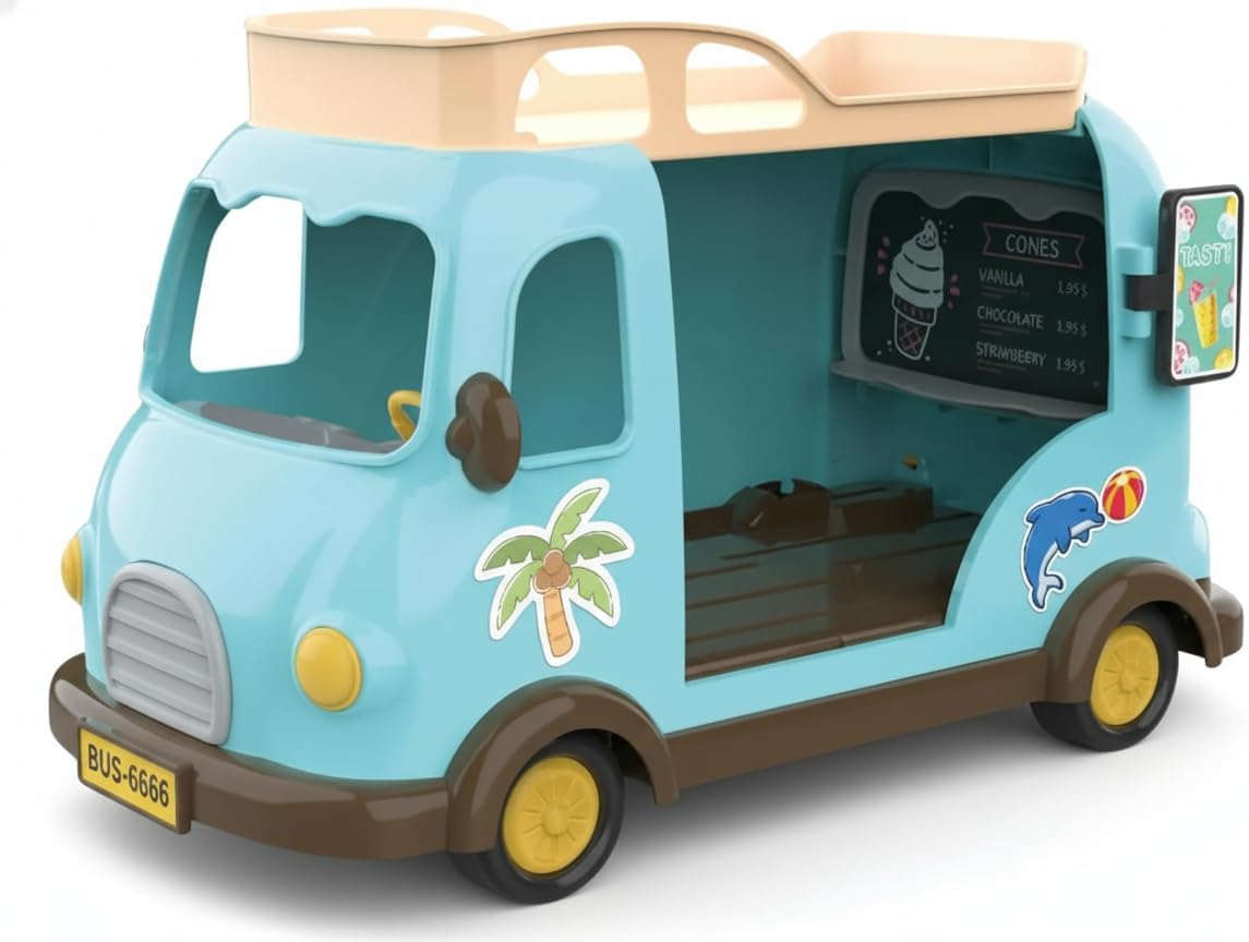 Family Ice Cream Truck Toy — Dessert Food Truck Playset with Cash Register, Chairs & Umbrella, Dollhouse Pretend Play Vehicle, Gift for Kids Ages 3+ OleocaToys