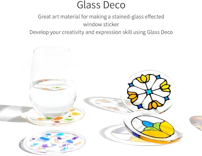 AMOS Glass Deco Window Art Kit — 10.5 ml x 10 Colors — Black & Gold Liners, 3 Vinyl Sheets & Pattern Templates, Glue Stick, DIY Stained Glass Paint Set for Kids OleocaToys