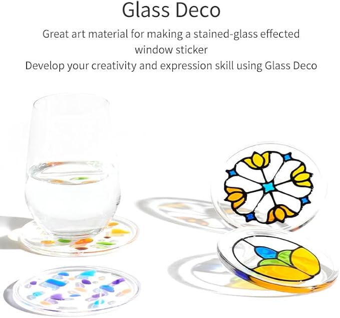AMOS Glass Deco Window Art Kit — 10.5 ml x 5 Colors — Black Liner, 2 Vinyl Sheets & Pattern Templates, DIY Stained Glass Paint Set for Kids OleocaToys