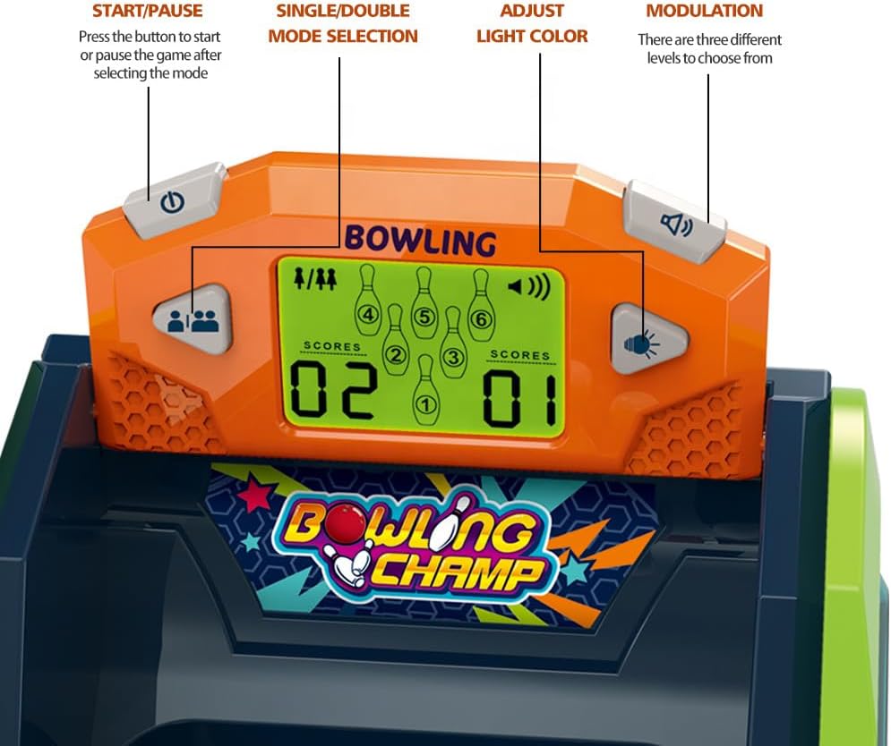 Bowling Game — Electronic Tabletop Arcade Game with LCD Auto Scoring, Lights & Sound, Spring-Loaded Launcher & 1-2 Player Modes — Mini Bowling Set for Kids OleocaToys