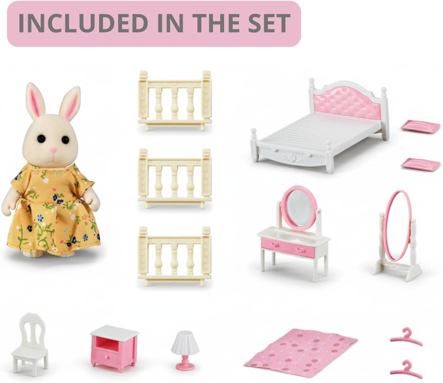 Family Bedroom Doll House — Cozy Cabin with Bunny Figure, Bed, Vanity & Accessories, Complete Modular Dollhouse Playset for Creative Pretend Play Ages 3+ OleocaToys