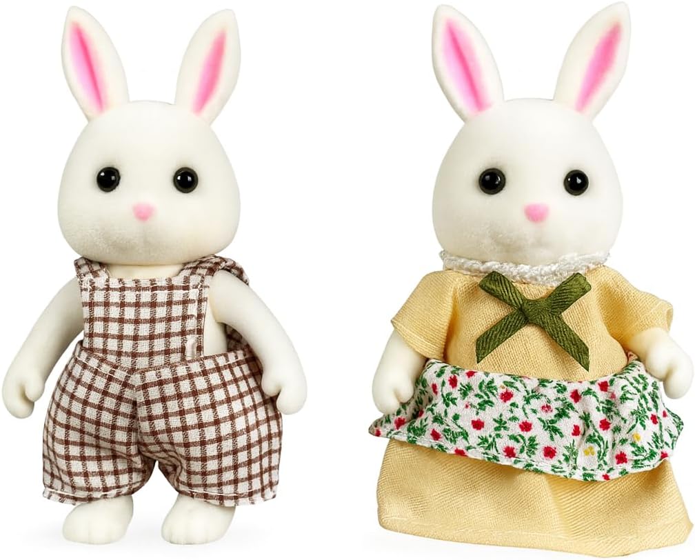 Family White Rabbit Figures — Set of 2 Collectible Flocked Mini Dolls with Removable Clothes, Miniature Dollhouse Pretend Play Figures for Kids Ages 3+ OleocaToys
