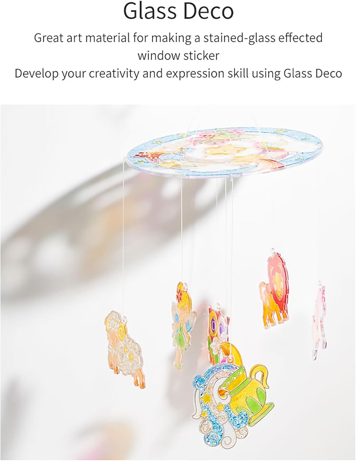 AMOS Glass Deco Window Art Kit — 10.5 ml x 10 Colors — 1 Round Mobile Center + 8 Suncatchers for Kids, Support Ring & String, DIY Hanging Mobile OleocaToys