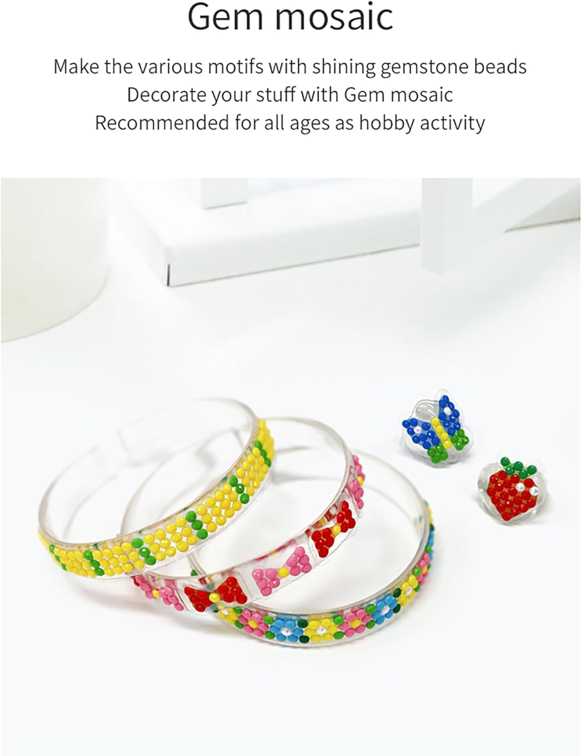 AMOS Gem Mosaic Jewelry Making Kit — 5 Rings & 3 Bracelets, Sticker Sheets, Gemstone Beads, Mosaic Pen & Tray — Diamond Art for Kids OleocaToys