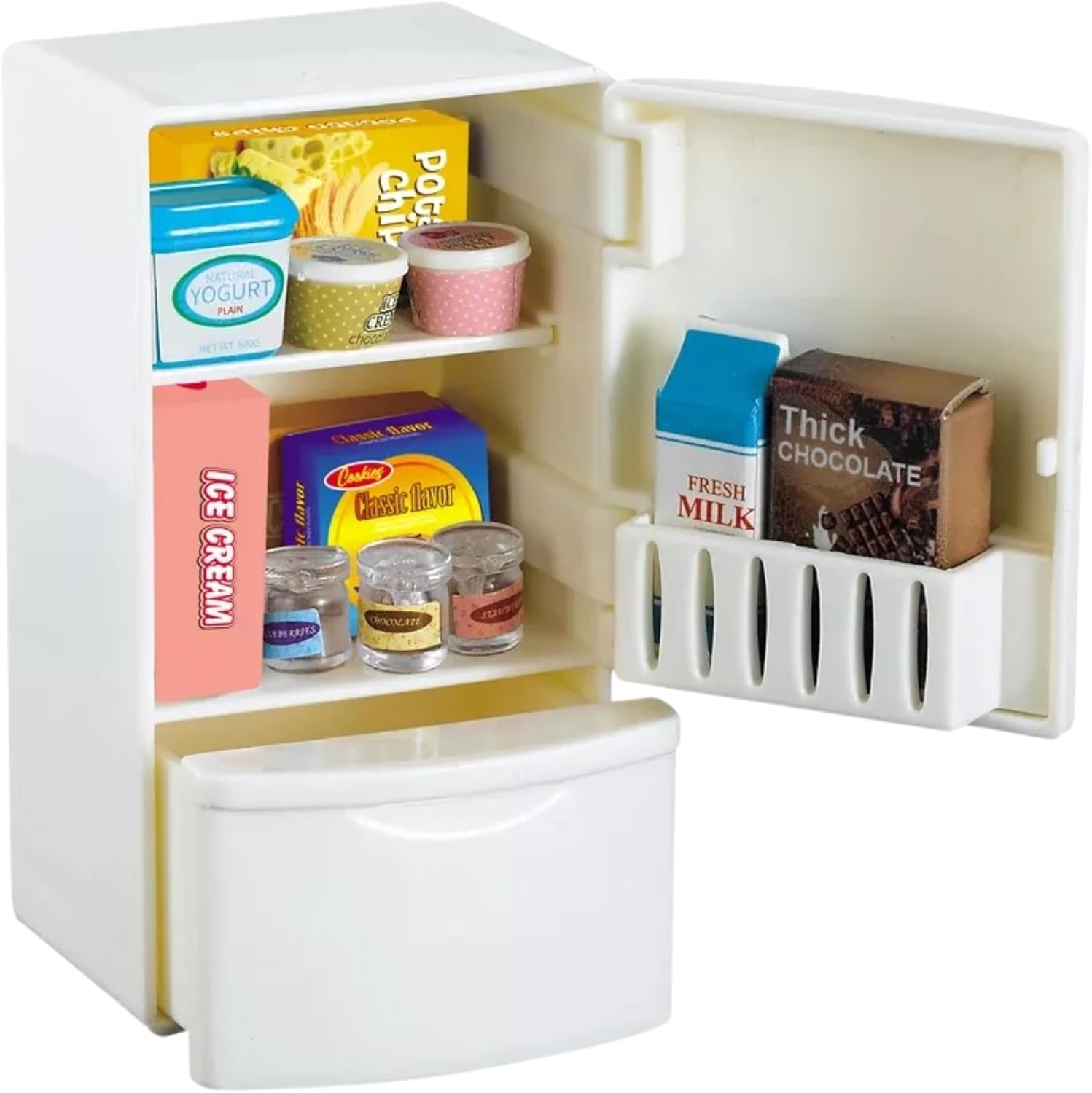 Family Dollhouse Refrigerator Set — Mini Fridge with Opening Doors, Interior Shelves, Milk Carton, Yogurt Tub, Ice Cream Cups & Topping Jars — Dollhouse Furniture & Accessories for Ages 3+ OleocaToys