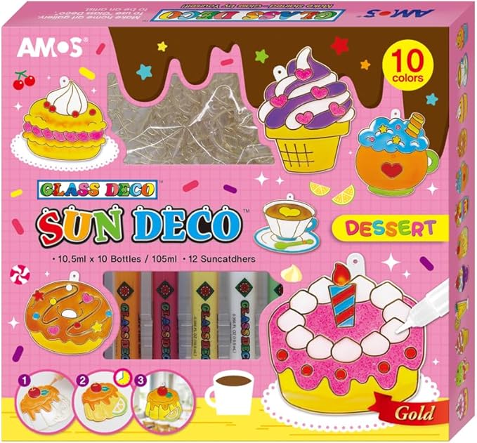 AMOS Sun Deco Window Art — 10.5 ml x 10 Colors — 12 Small Gold Outline Suncatchers for Kids (Dessert), DIY Painting Craft Kit OleocaToys