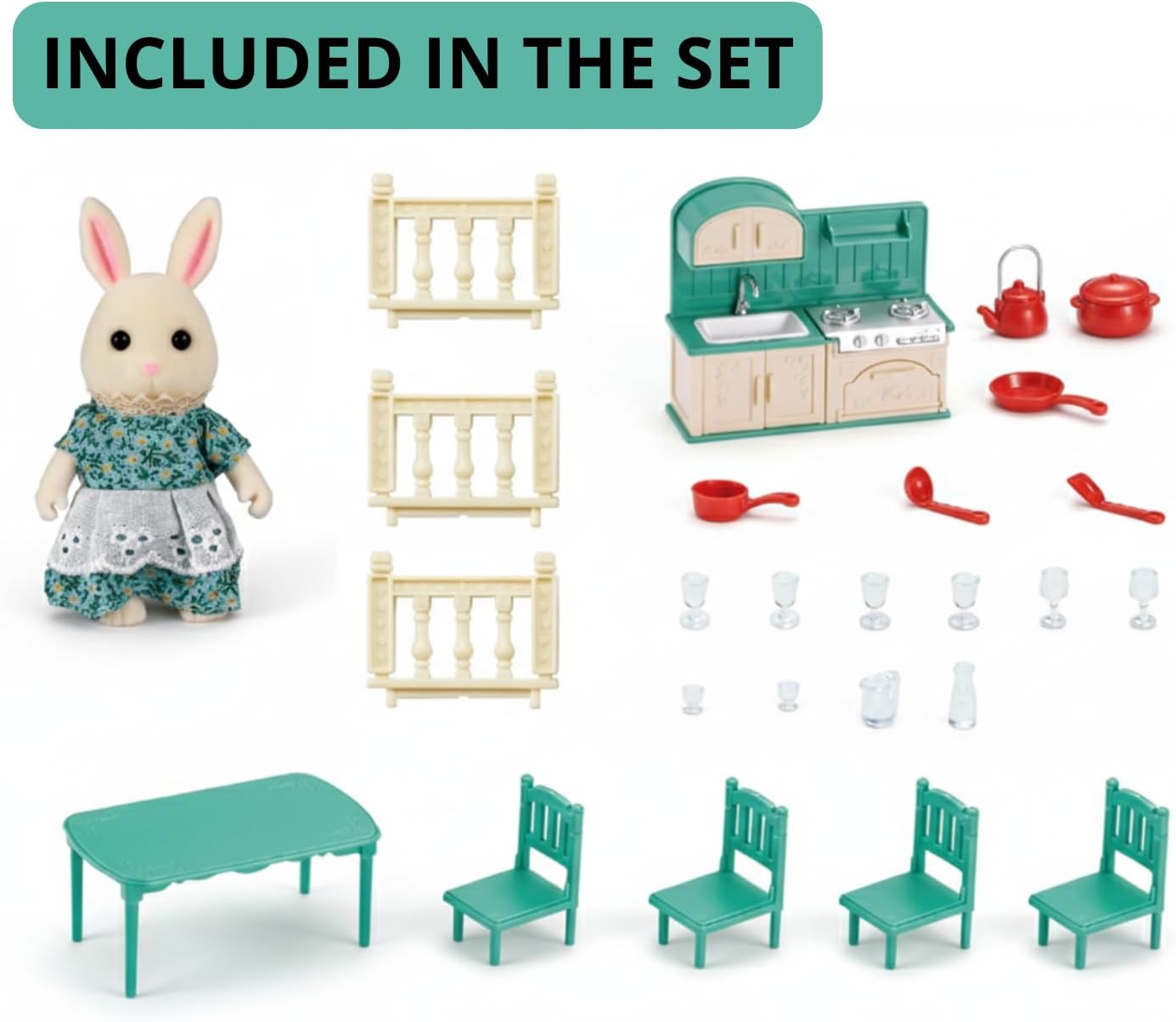 Family Kitchen Doll House — Cozy Cabin with Bunny Figure, Dining Set & Cookware, Complete Modular Dollhouse Playset for Creative Pretend Play Ages 3+ OleocaToys