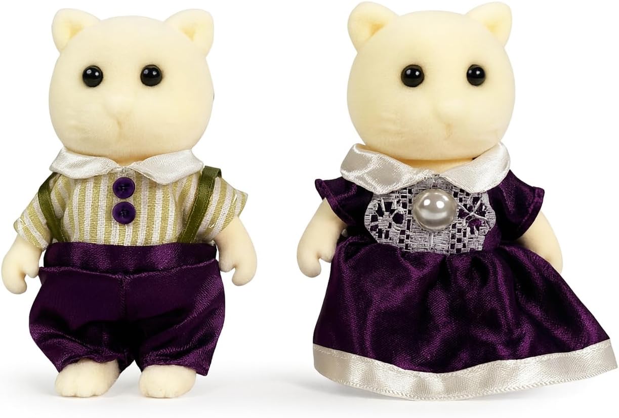 Family Cream Cat Figures — Set of 2 Collectible Flocked Mini Dolls with Removable Clothes, Miniature Dollhouse Pretend Play Figures for Kids Ages 3+ OleocaToys