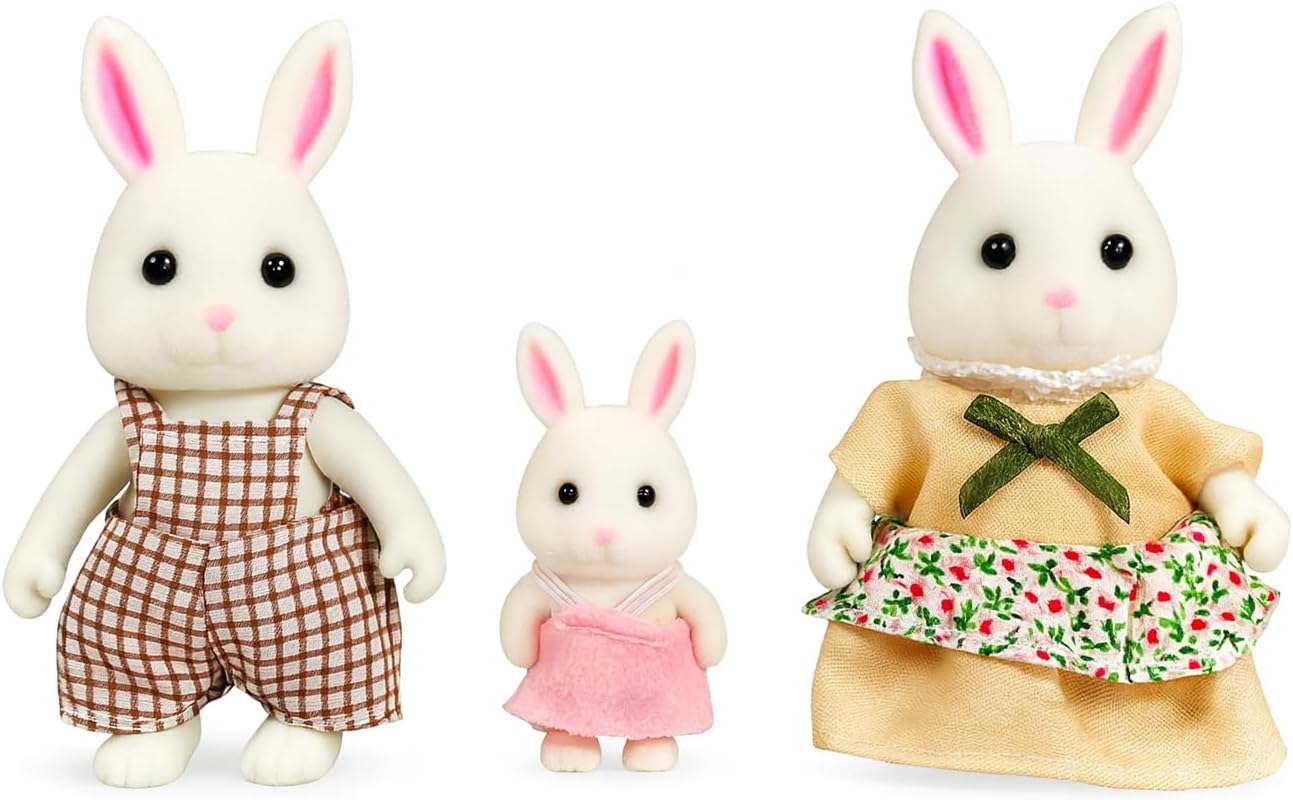Family White Rabbit Figures — Set of 3 Collectible Flocked Mini Dolls with Removable Clothes, Miniature Dollhouse Pretend Play Figures for Kids Ages 3+ OleocaToys