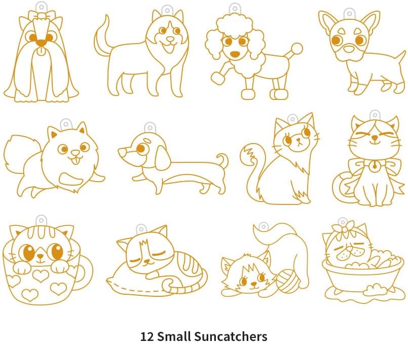 AMOS Sun Deco Window Art — 10.5 ml x 10 Colors — 12 Small Gold Outline Suncatchers for Kids (Dog & Cat), DIY Painting Craft Kit OleocaToys