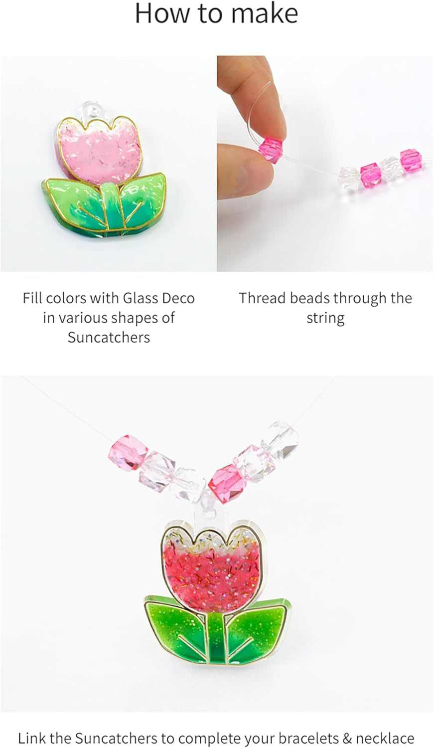 AMOS Glass Deco My Style Jewelry Making Kit — 10.5 ml x 6 Colors — 18 Suncatcher Charms, 300 Beads & String (Bracelets & Necklaces) OleocaToys