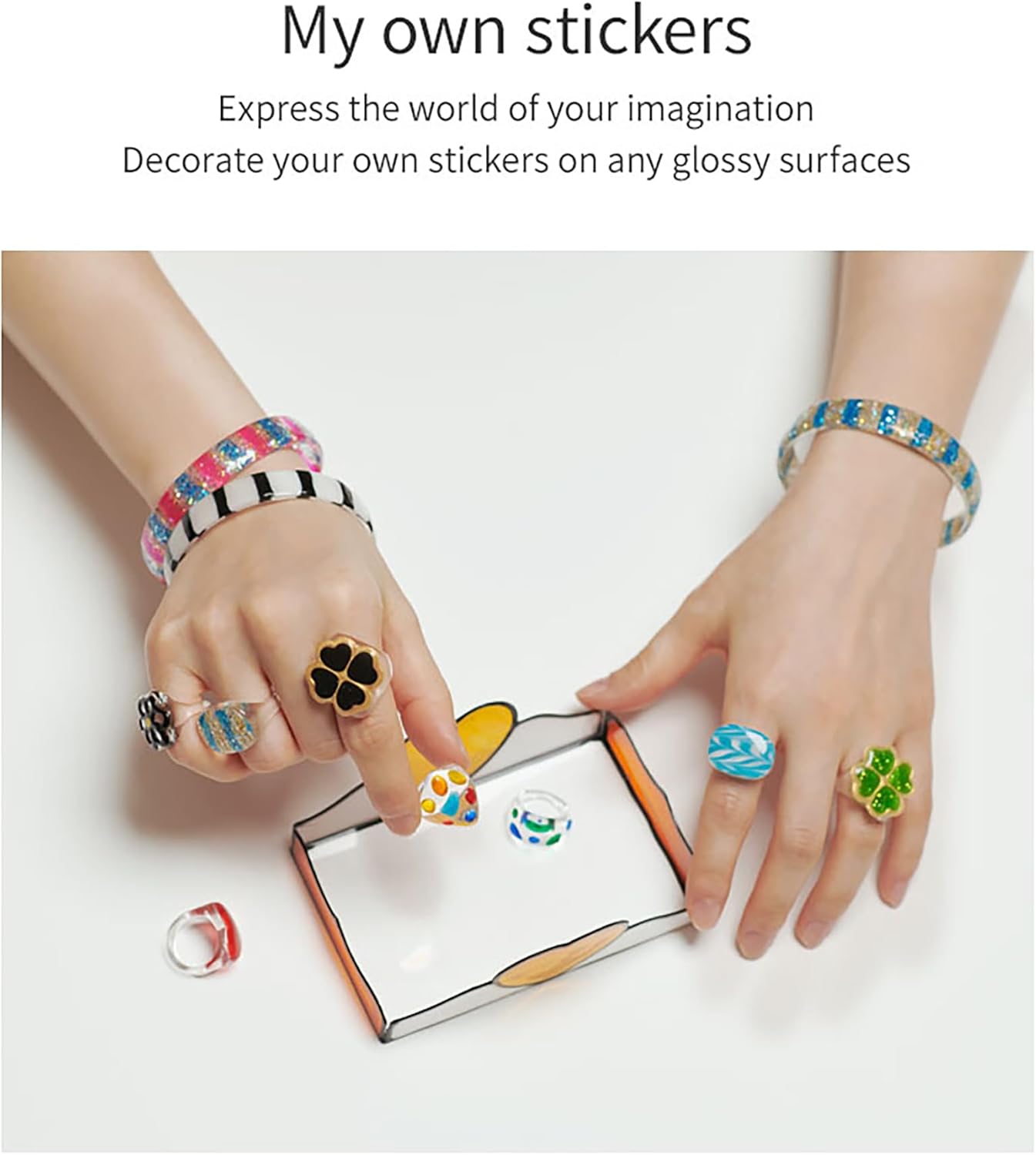 AMOS Glass Deco Ice Jewelry Making Kit for Kids — 10.5 ml x 8 Colors — Black & Gold Liners, 2 Vinyl Sheets & Templates, 5 Rings & 3 Bracelets, Make Your Own Jewelry OleocaToys