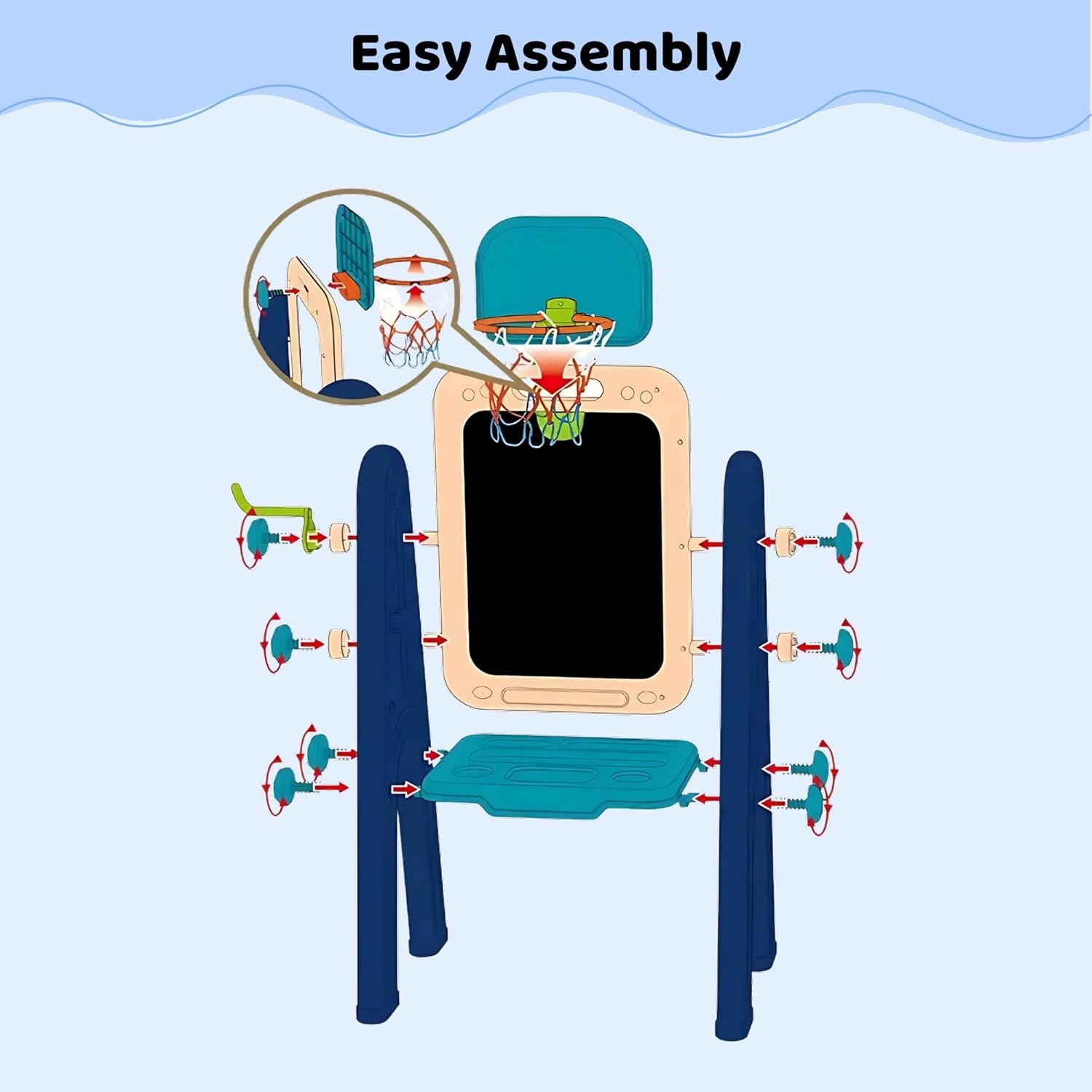 Easel for Kids – 4 in 1 Double Sided Toddler Art Easel with Magnetic Whiteboard, Chalk Board, Basketball Hoop & Ring Toss Game – Multifunctional Easel with Drawing Accessories for Ages 3+ OleocaToys