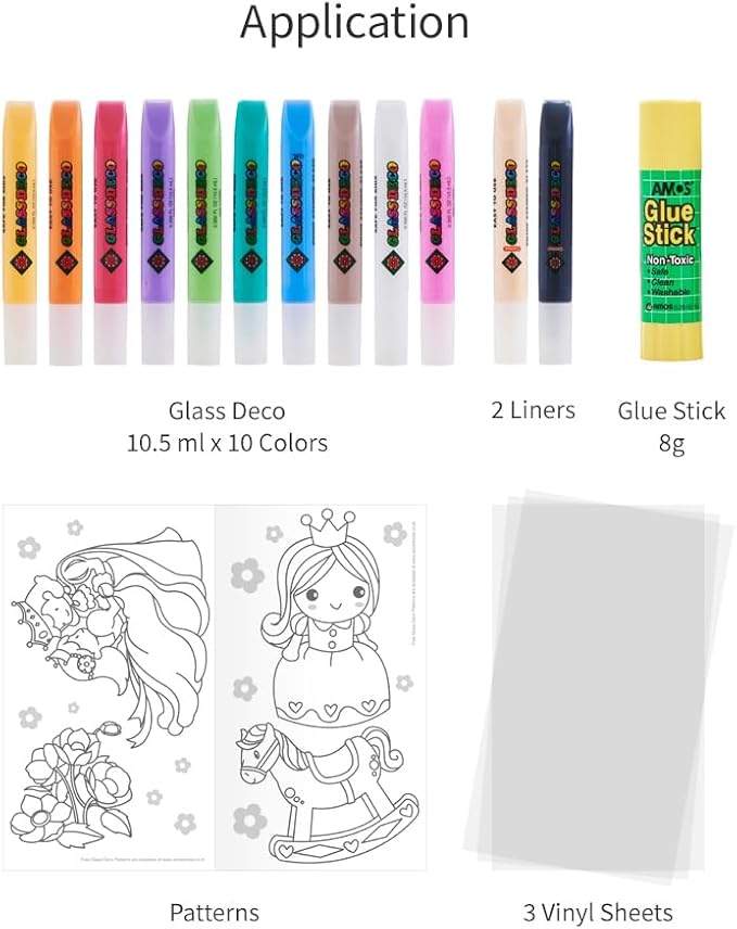 AMOS Glass Deco Window Art Kit — 10.5 ml x 10 Colors — Black & Gold Liners, 3 Vinyl Sheets & Pattern Templates, Glue Stick, DIY Stained Glass Paint Set for Kids OleocaToys