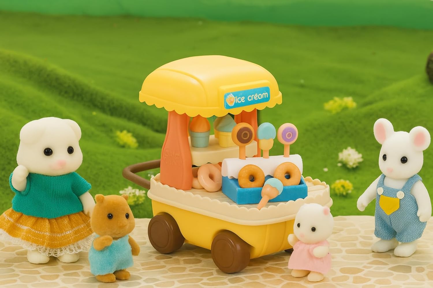 Family Ice Cream Cart Toy — Dessert Pushcart Set with Popsicles, Cones & Donuts, Street Vendor Stall for Dollhouse Pretend Play, Gift for Kids Ages 3+ OleocaToys