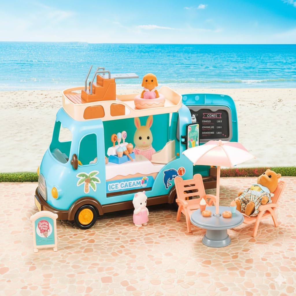 Family Ice Cream Truck Toy — Dessert Food Truck Playset with Cash Register, Chairs & Umbrella, Dollhouse Pretend Play Vehicle, Gift for Kids Ages 3+ OleocaToys