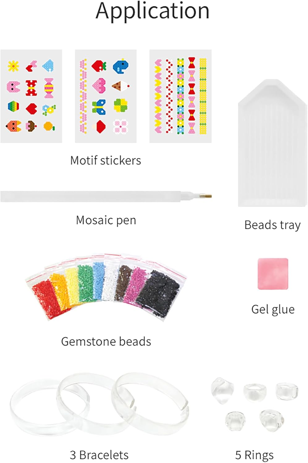 AMOS Gem Mosaic Jewelry Making Kit — 5 Rings & 3 Bracelets, Sticker Sheets, Gemstone Beads, Mosaic Pen & Tray — Diamond Art for Kids OleocaToys