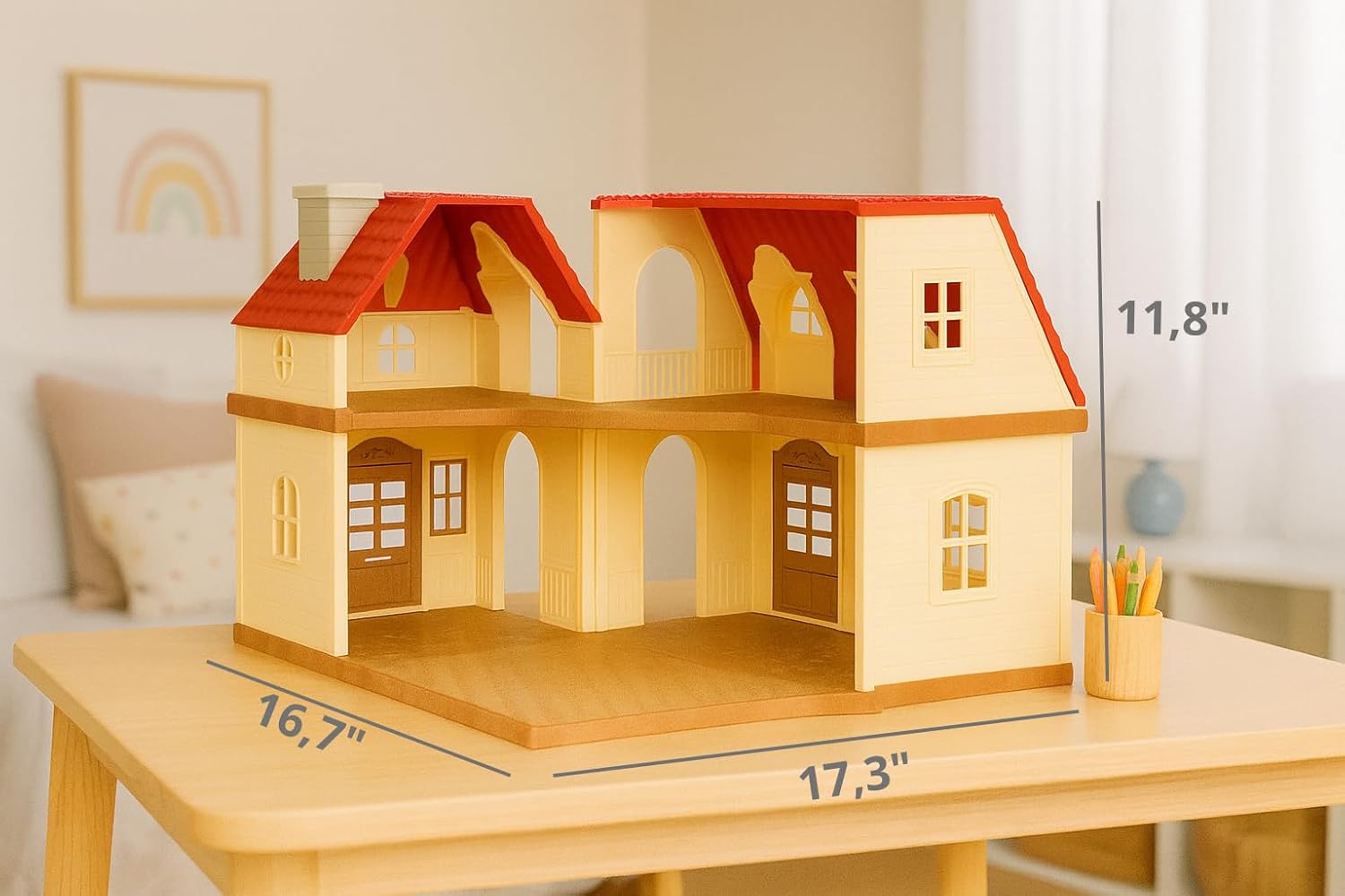 Family Grand Doll House — Light-Up 2-Story Cozy Cabin with Furniture & Bunny Figure, Complete Dollhouse Playset for Creative Pretend Play, Gift for Kids Ages 3+ OleocaToys