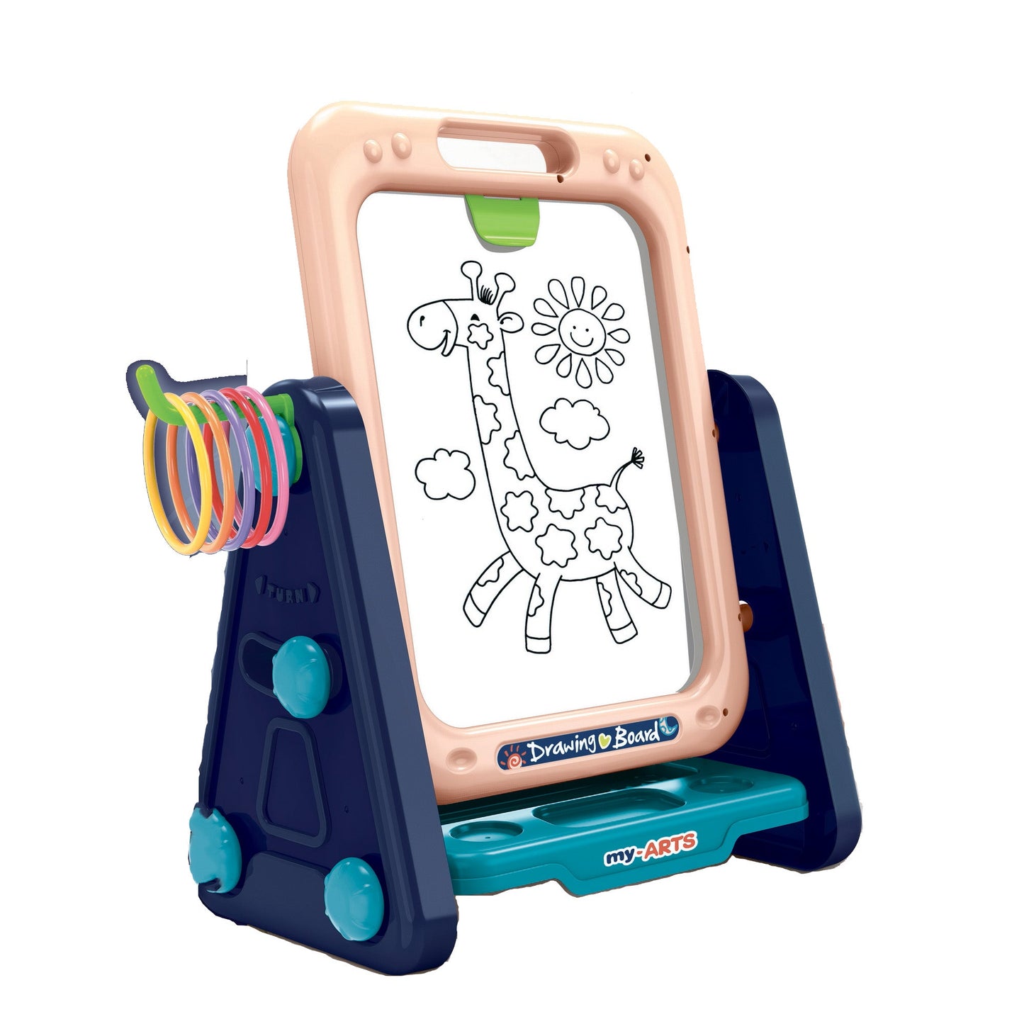 OLEOCA Children's Educational Tabletop Artist Drawing Toy Easel 4 in 1, Double Sided Chalkboard, Magnetic Dry-Erase Board, Ring Toss Game