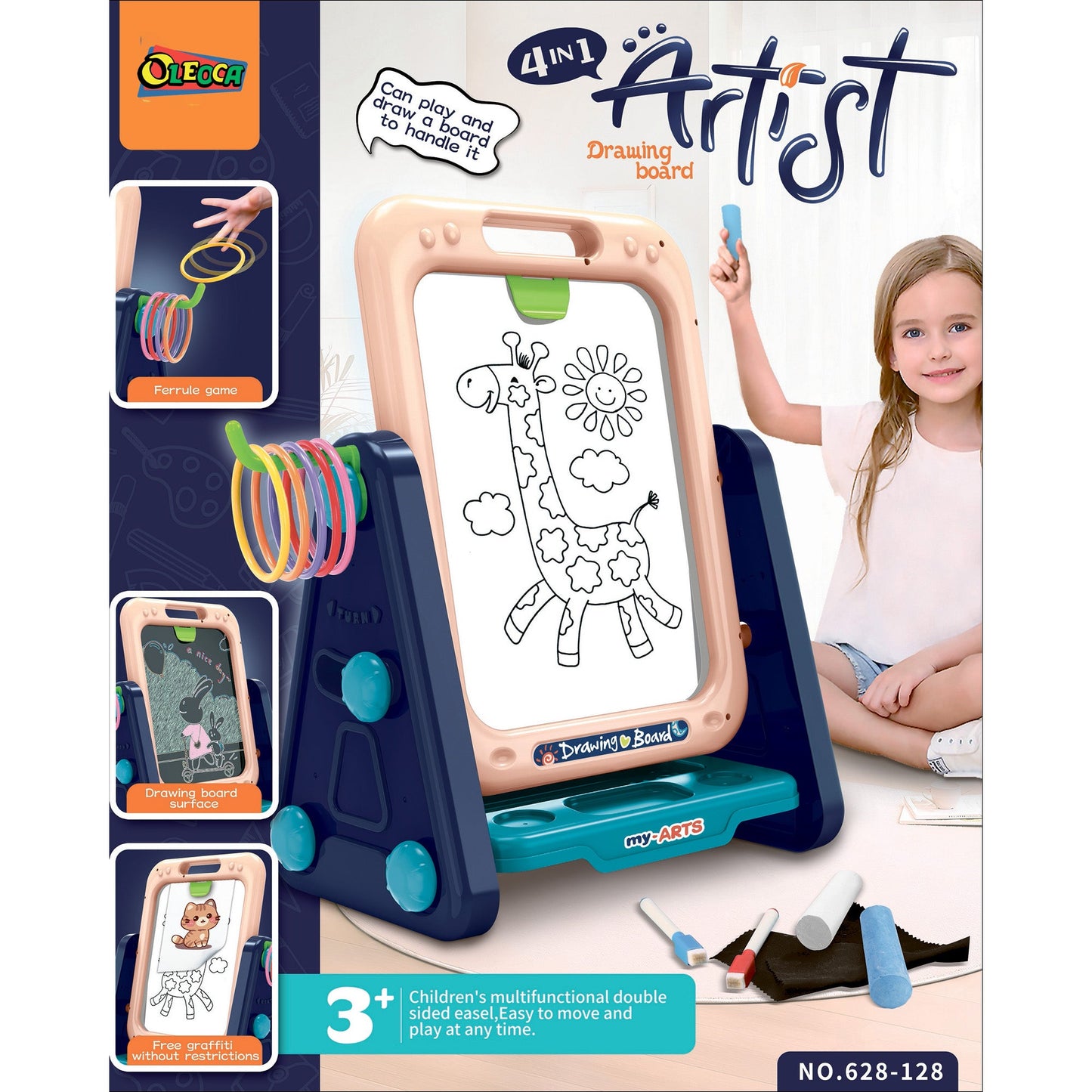 OLEOCA Children's Educational Tabletop Artist Drawing Toy Easel 4 in 1, Double Sided Chalkboard, Magnetic Dry-Erase Board, Ring Toss Game