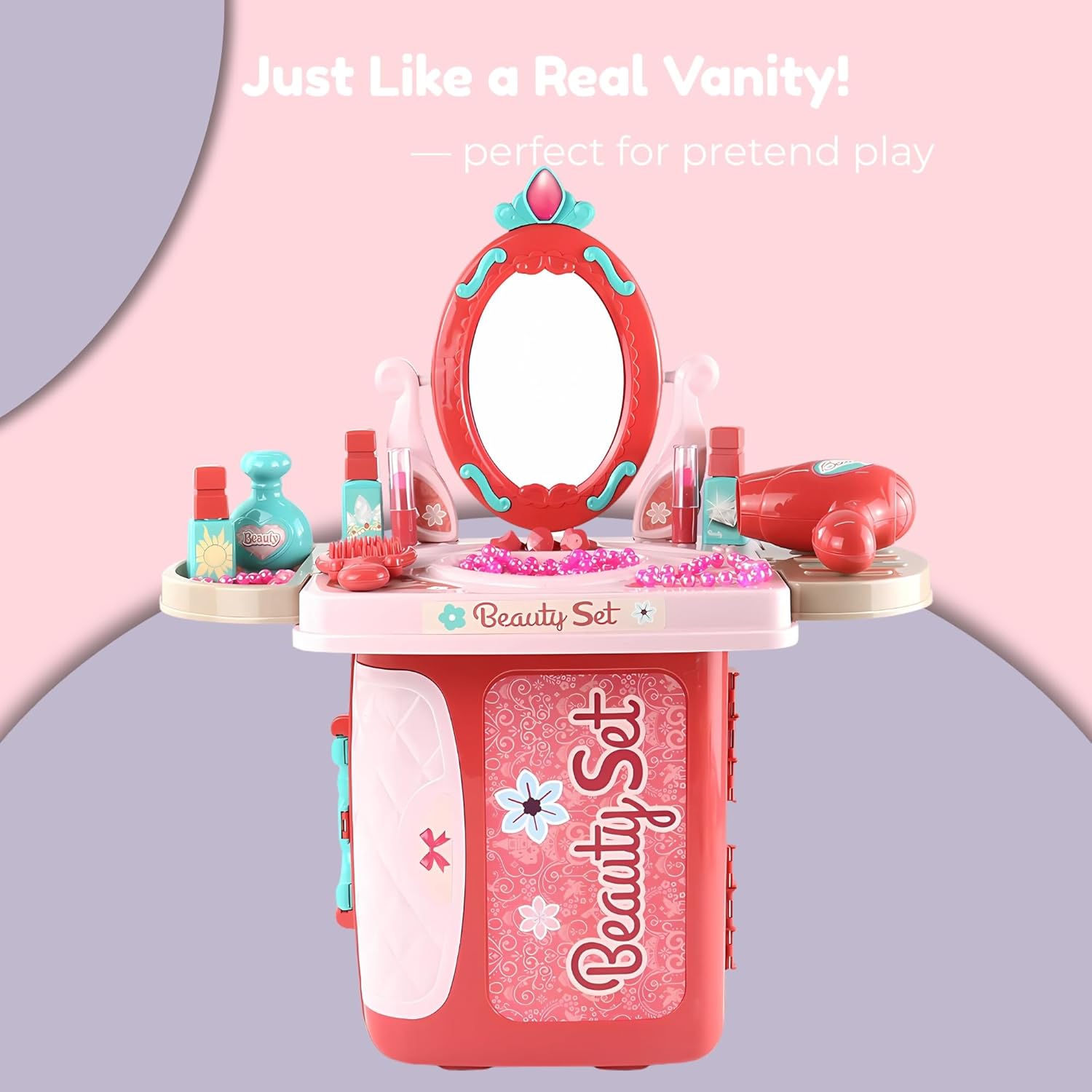 Kids Vanity Set — 3 in 1 Suitcase, Table & Vanity Mirror Playset with Pretend Makeup, Accessories for Role Play, Travel & Gifts for Girls Ages 3+ OleocaToys