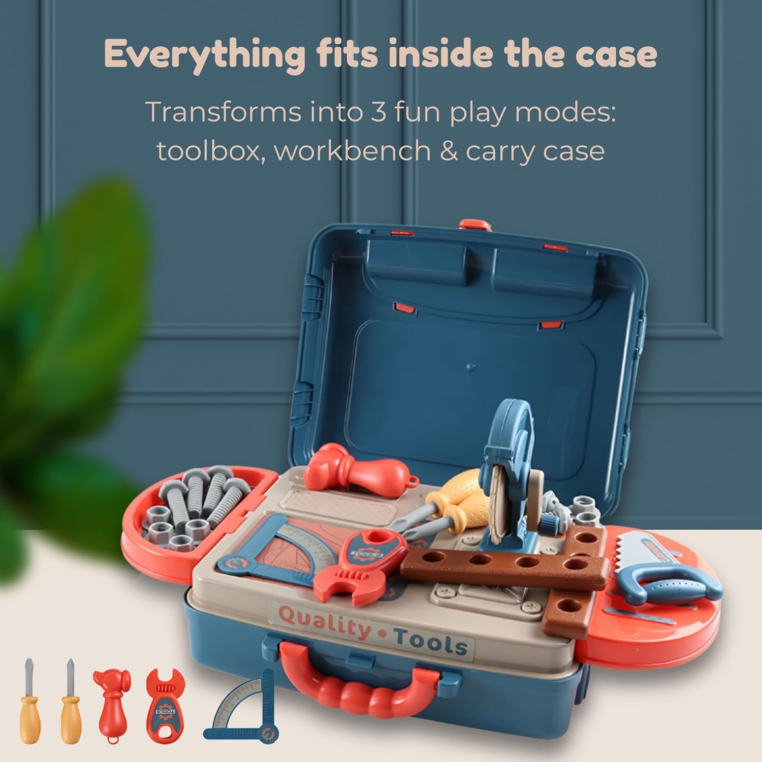 Kids Tool Set — 3 in 1 Portable Workbench & Suitcase Playset, Compact Construction Kit with Pretend Tools, Storage & Travel Design for Boys Ages 3+ OleocaToys