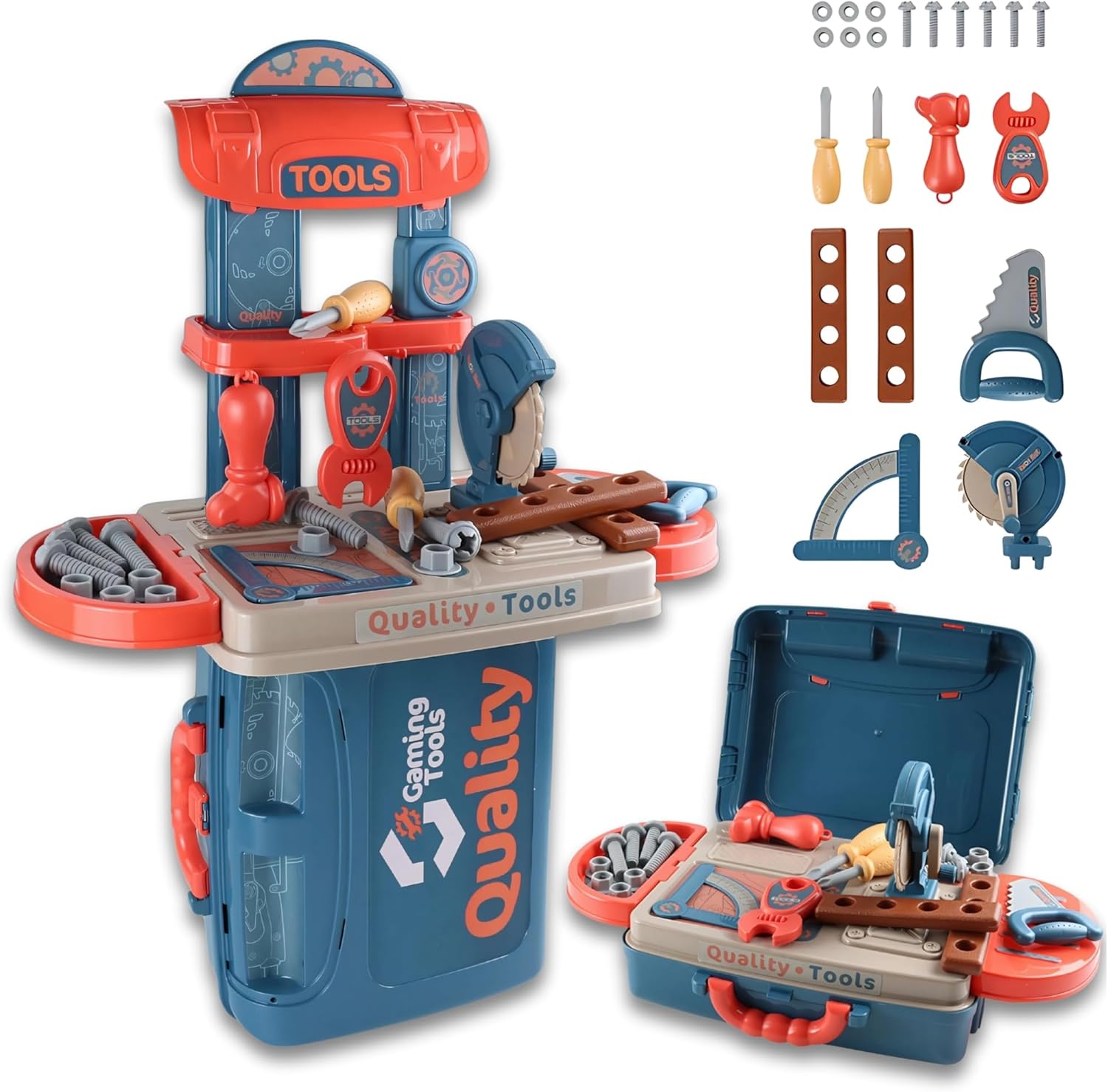 Kids Tool Set — 3 in 1 Portable Workbench & Suitcase Playset, Compact Construction Kit with Pretend Tools, Storage & Travel Design for Boys Ages 3+ OleocaToys