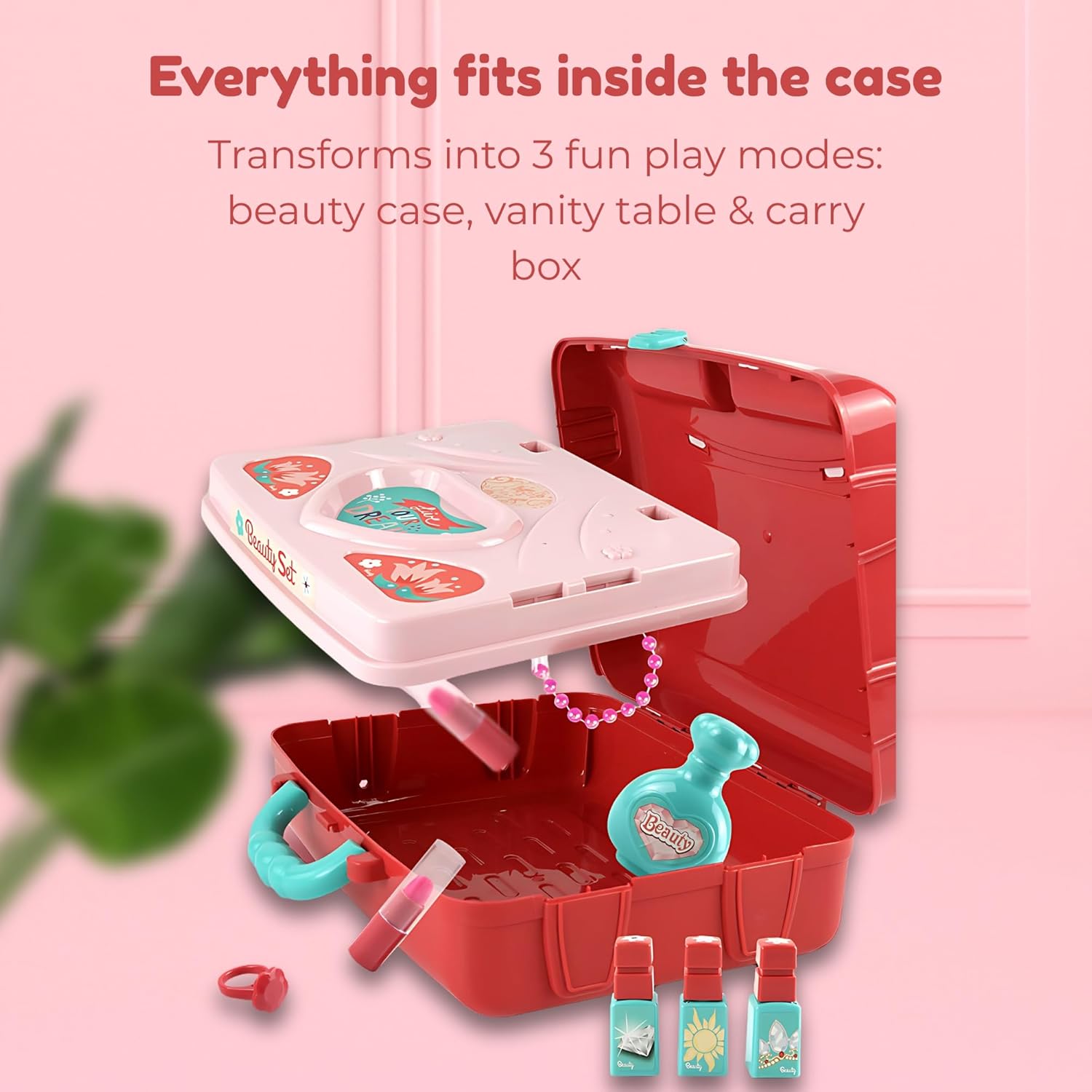 Kids Vanity Set — 3 in 1 Suitcase, Table & Vanity Mirror Playset with Pretend Makeup, Accessories for Role Play, Travel & Gifts for Girls Ages 3+ OleocaToys