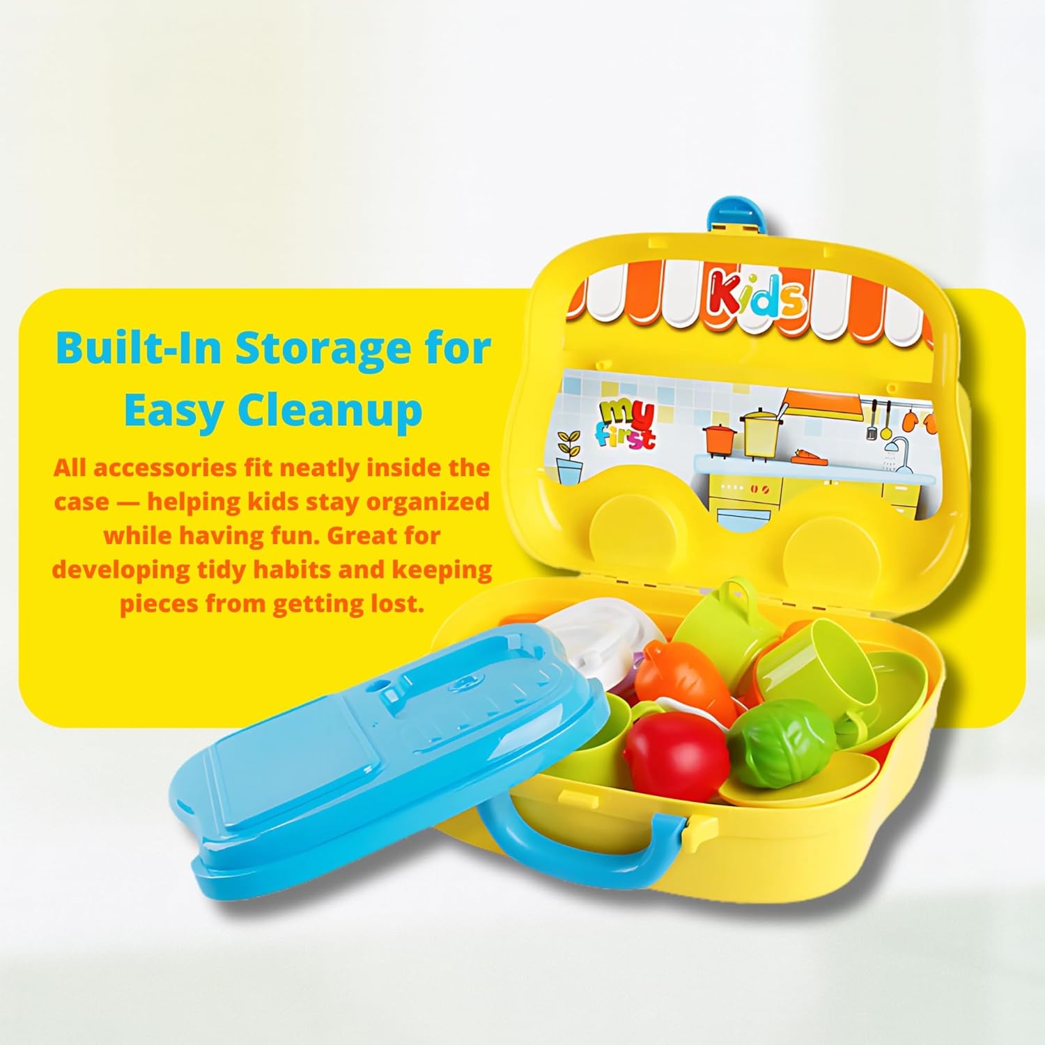 Toddler Kitchen Playset — 25 Piece Portable Pretend Kitchen Set with Toy Food, Utensils, Pots & Cups, Easy Storage Cooking Gift for Girls & Boys Ages 3+ OleocaToys