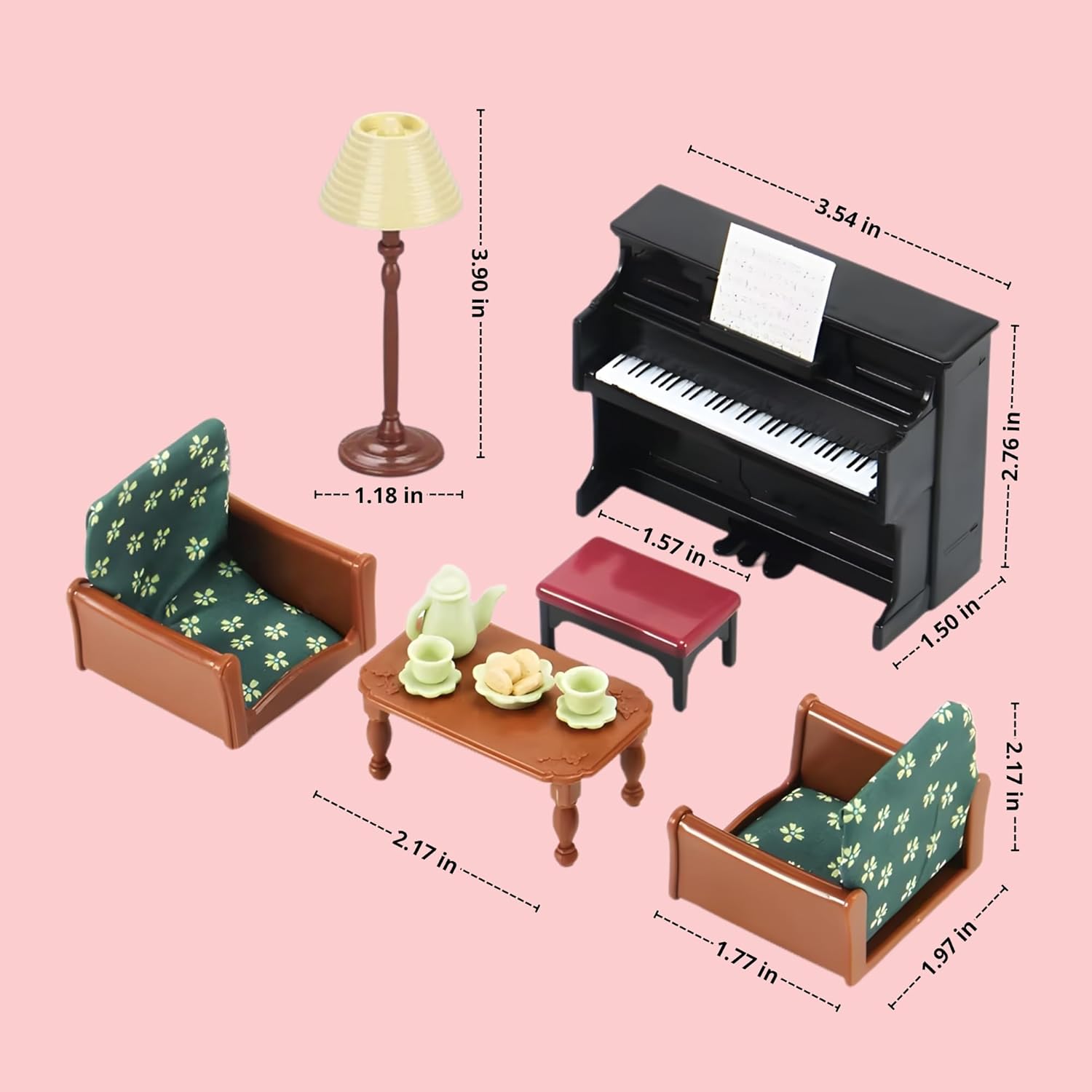 Family Dollhouse Living Room Set — Piano with Bench & Sheet Music, Two Armchairs, Coffee Table, Floor Lamp & Tea Set — Dollhouse Furniture & Accessories for Ages 3+ OleocaToys