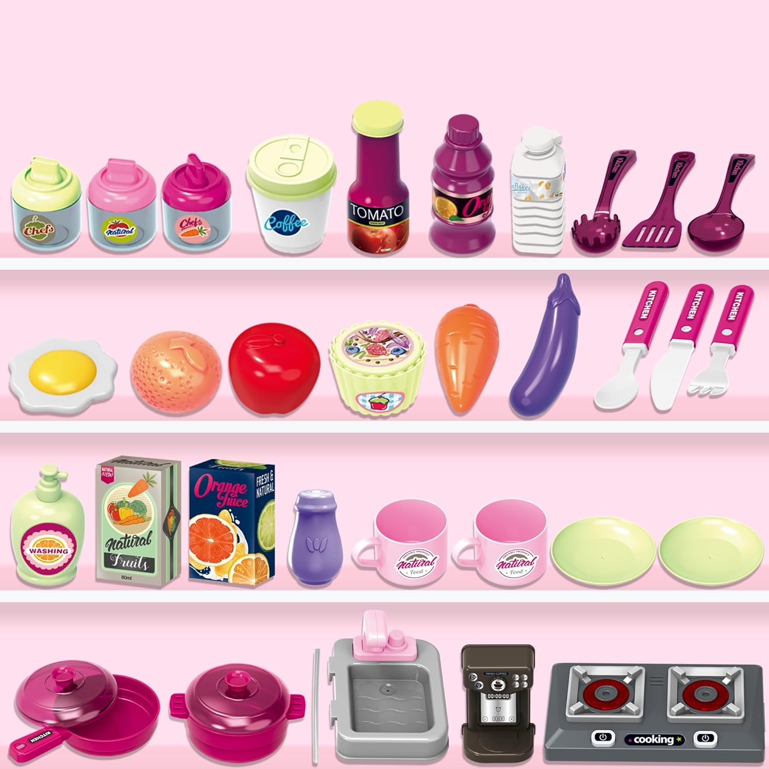 Kids Kitchen Playset — Toy Stove with Lights & Sound, Sink with Running Water, Oven, 53 Accessories & Cooking Tools, Pretend Cooking Gift for Girls Ages 3+ OleocaToys