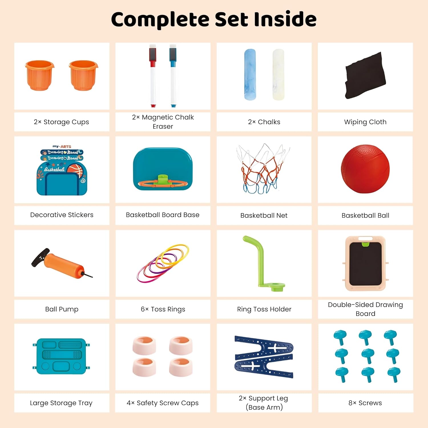 Easel for Kids – 4 in 1 Double Sided Toddler Art Easel with Magnetic Whiteboard, Chalk Board, Basketball Hoop & Ring Toss Game – Multifunctional Easel with Drawing Accessories for Ages 3+ OleocaToys