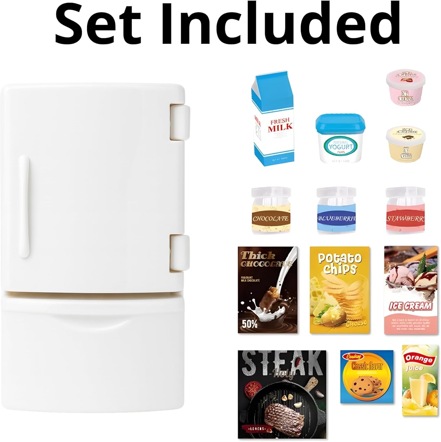 Family Dollhouse Refrigerator Set — Mini Fridge with Opening Doors, Interior Shelves, Milk Carton, Yogurt Tub, Ice Cream Cups & Topping Jars — Dollhouse Furniture & Accessories for Ages 3+ OleocaToys