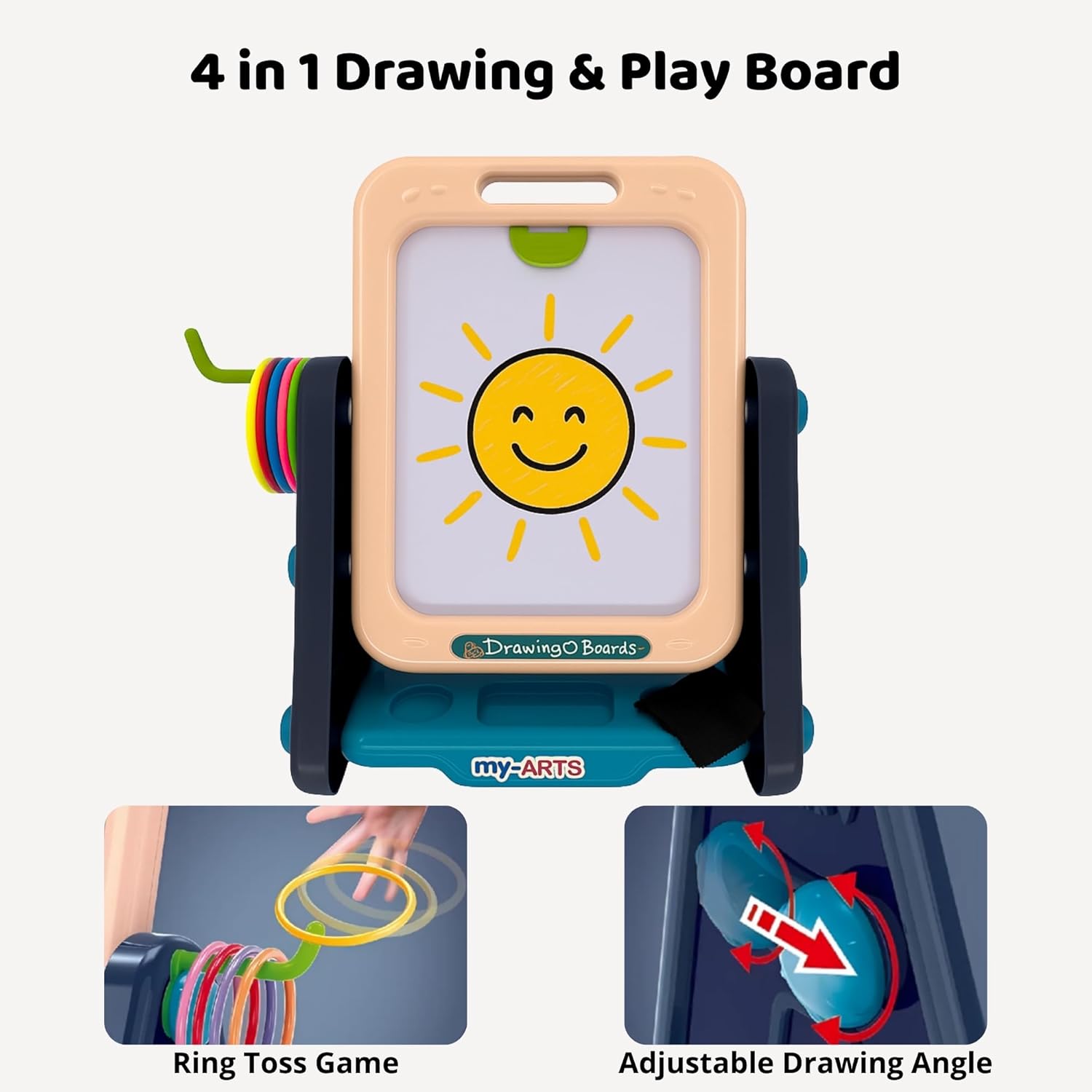 Toddler Easel — 4 in 1 Double Sided Art Easel for Kids with Magnetic Whiteboard, Chalk Board, Adjustable Drawing Angle & Ring Toss Game – Creative Learning Toy for Ages 3+ OleocaToys