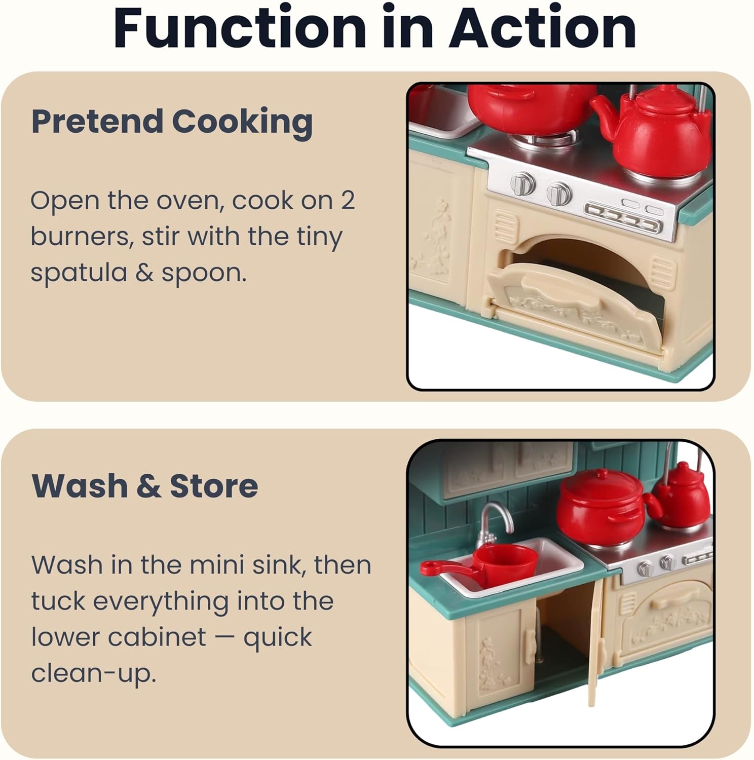 Family Dollhouse Kitchen Set — Miniature Stove, Sink & Oven with Frying Pan, Saucepan, Kettle, Utensils & Cutting Board — Dollhouse Furniture & Accessories for Ages 3+ OleocaToys