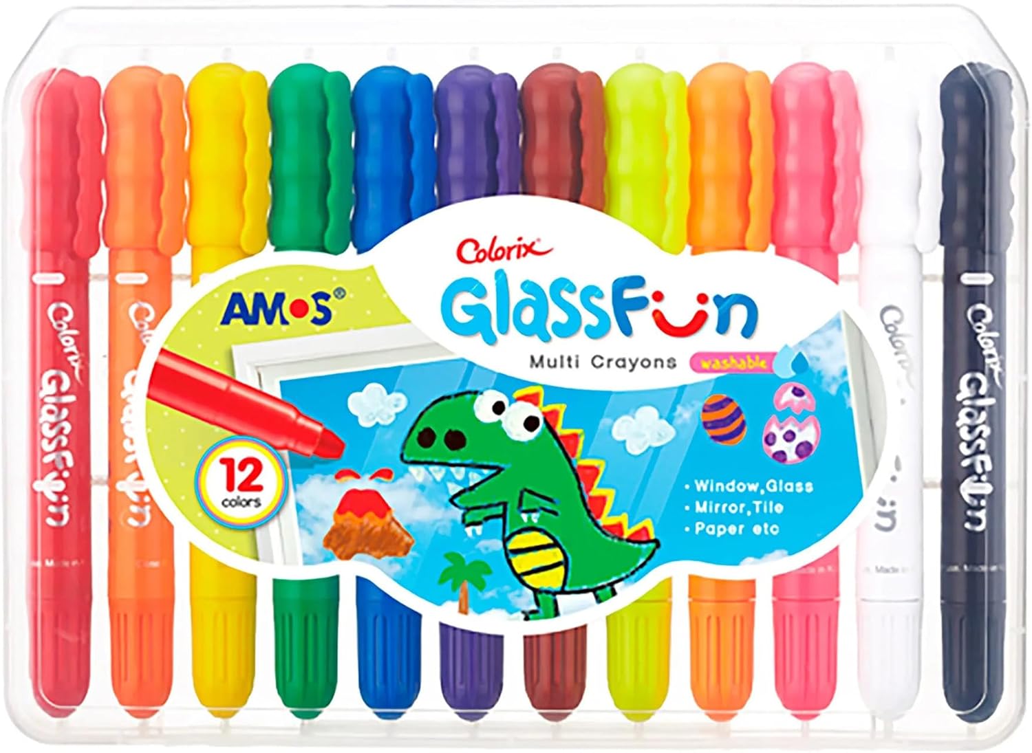 AMOS Crayons for Kids – 12 Washable Colors for Windows, Glass & Mirror, Safe & Non-Toxic Markers for Toddlers & Children, Easy Clean Art Set with Storage Case OleocaToys