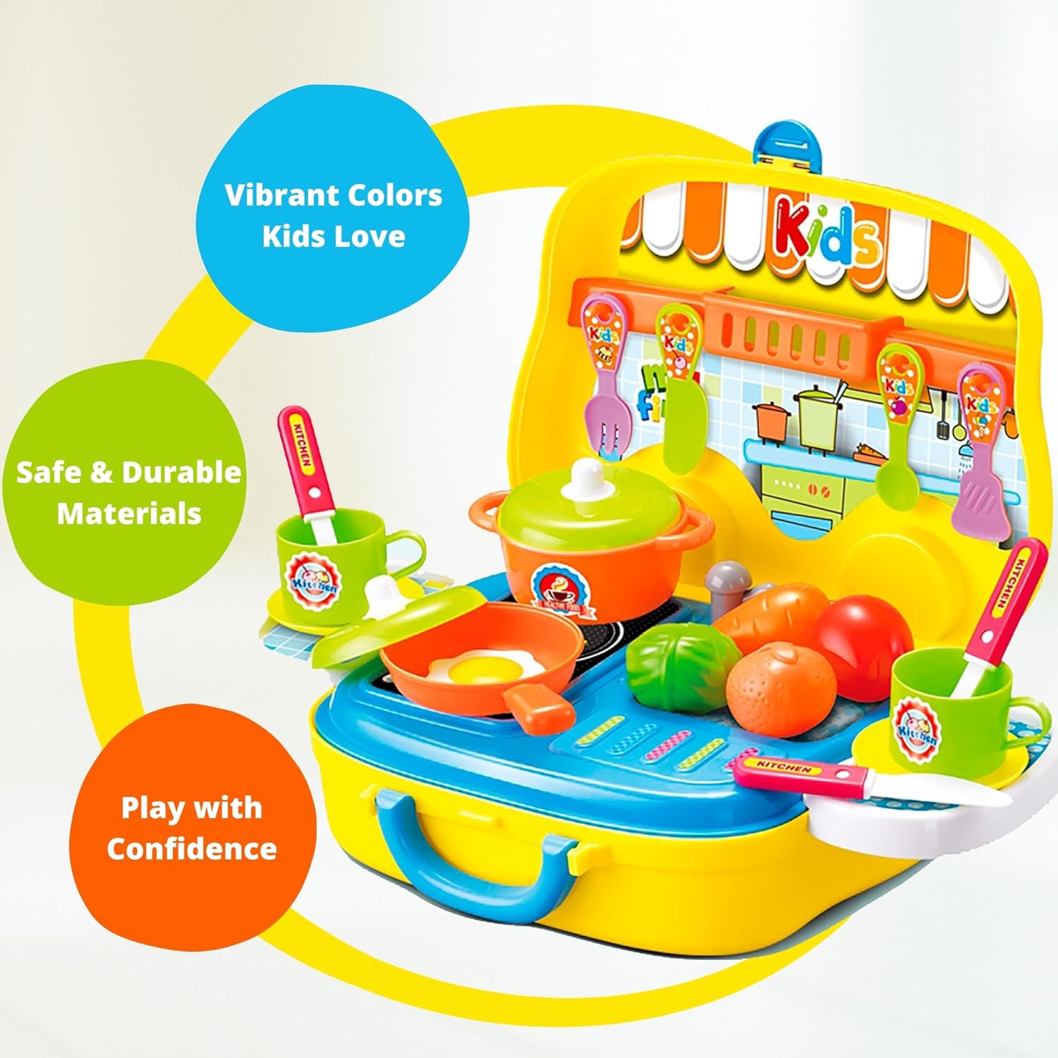 Toddler Kitchen Playset — 25 Piece Portable Pretend Kitchen Set with Toy Food, Utensils, Pots & Cups, Easy Storage Cooking Gift for Girls & Boys Ages 3+ OleocaToys