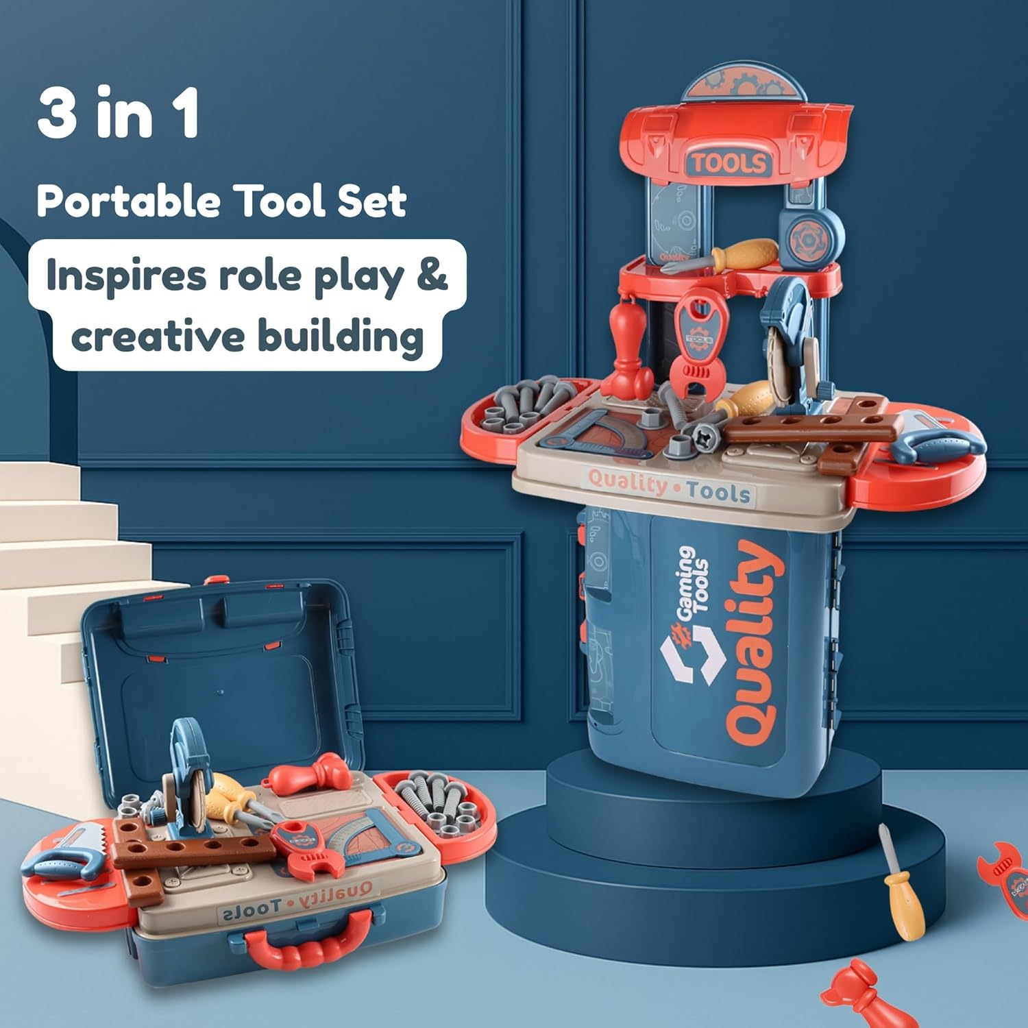 Kids Tool Set — 3 in 1 Portable Workbench & Suitcase Playset, Compact Construction Kit with Pretend Tools, Storage & Travel Design for Boys Ages 3+ OleocaToys