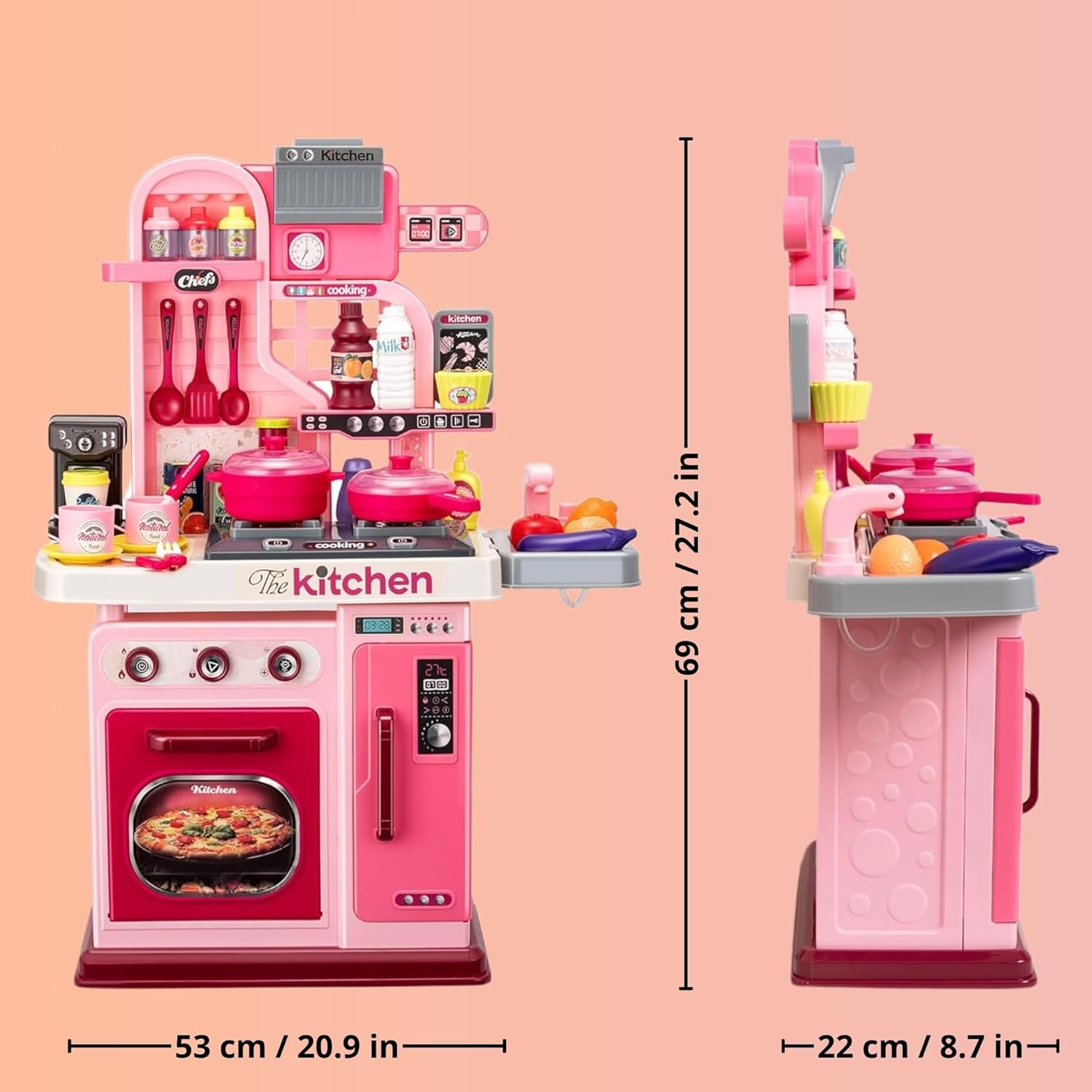 Kids Kitchen Playset — Toy Stove with Lights & Sound, Sink with Running Water, Oven, 53 Accessories & Cooking Tools, Pretend Cooking Gift for Girls Ages 3+ OleocaToys
