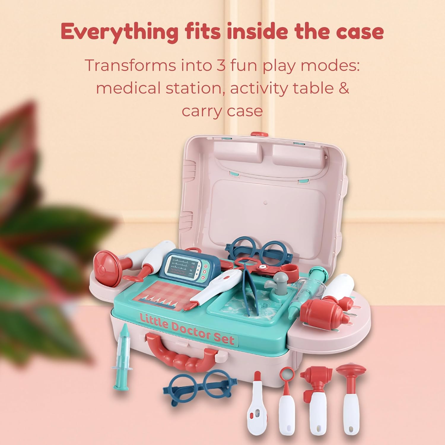 Kids Doctor Set — 3 in 1 Portable Suitcase & Medical Table Playset, Pretend Play Kit with Doctor Tools, Storage & Travel Gift for Toddlers Ages 3+ OleocaToys