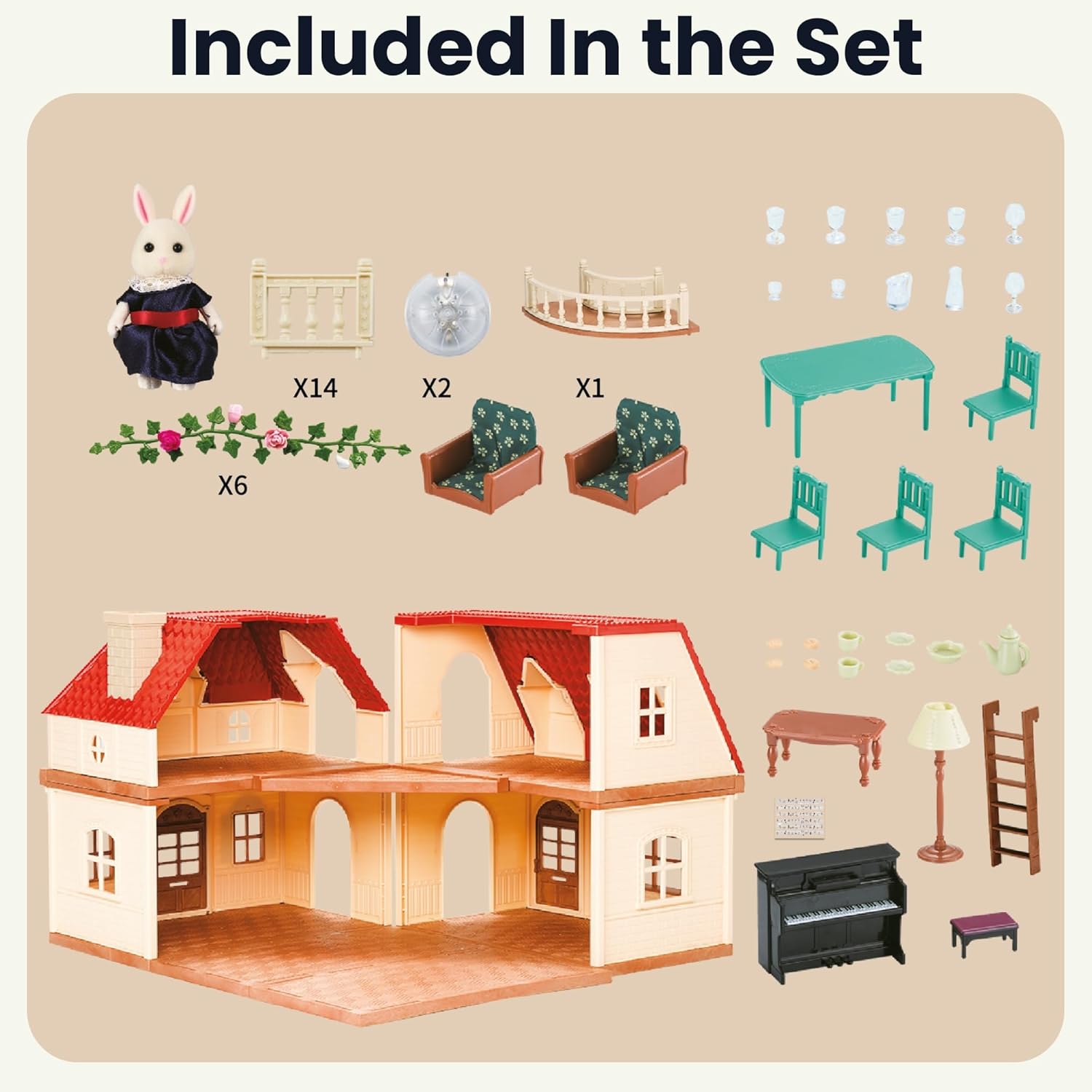 Family Grand Doll House — Light-Up 2-Story Cozy Cabin with Furniture & Bunny Figure, Complete Dollhouse Playset for Creative Pretend Play, Gift for Kids Ages 3+ OleocaToys