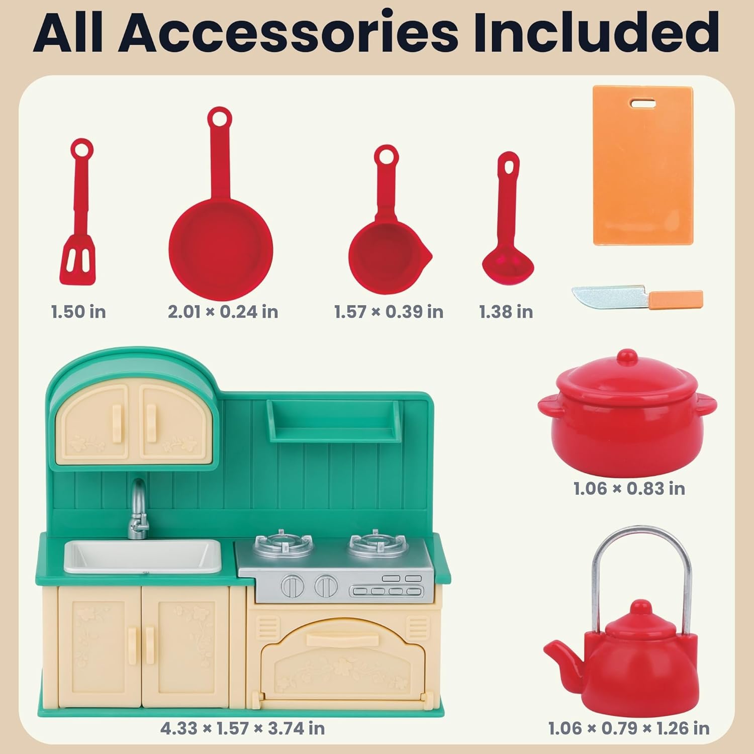 Family Dollhouse Kitchen Set — Miniature Stove, Sink & Oven with Frying Pan, Saucepan, Kettle, Utensils & Cutting Board — Dollhouse Furniture & Accessories for Ages 3+ OleocaToys