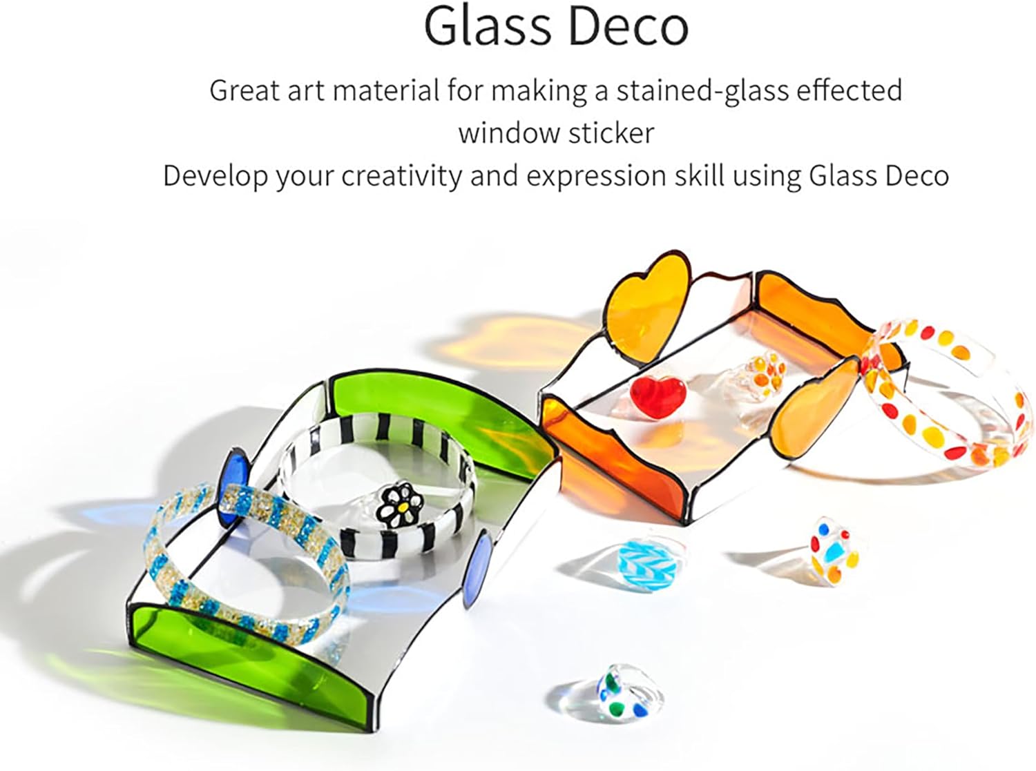 AMOS Glass Deco Ice Jewelry Making Kit for Kids — 10.5 ml x 8 Colors — Black & Gold Liners, 2 Vinyl Sheets & Templates, 5 Rings & 3 Bracelets, Make Your Own Jewelry OleocaToys