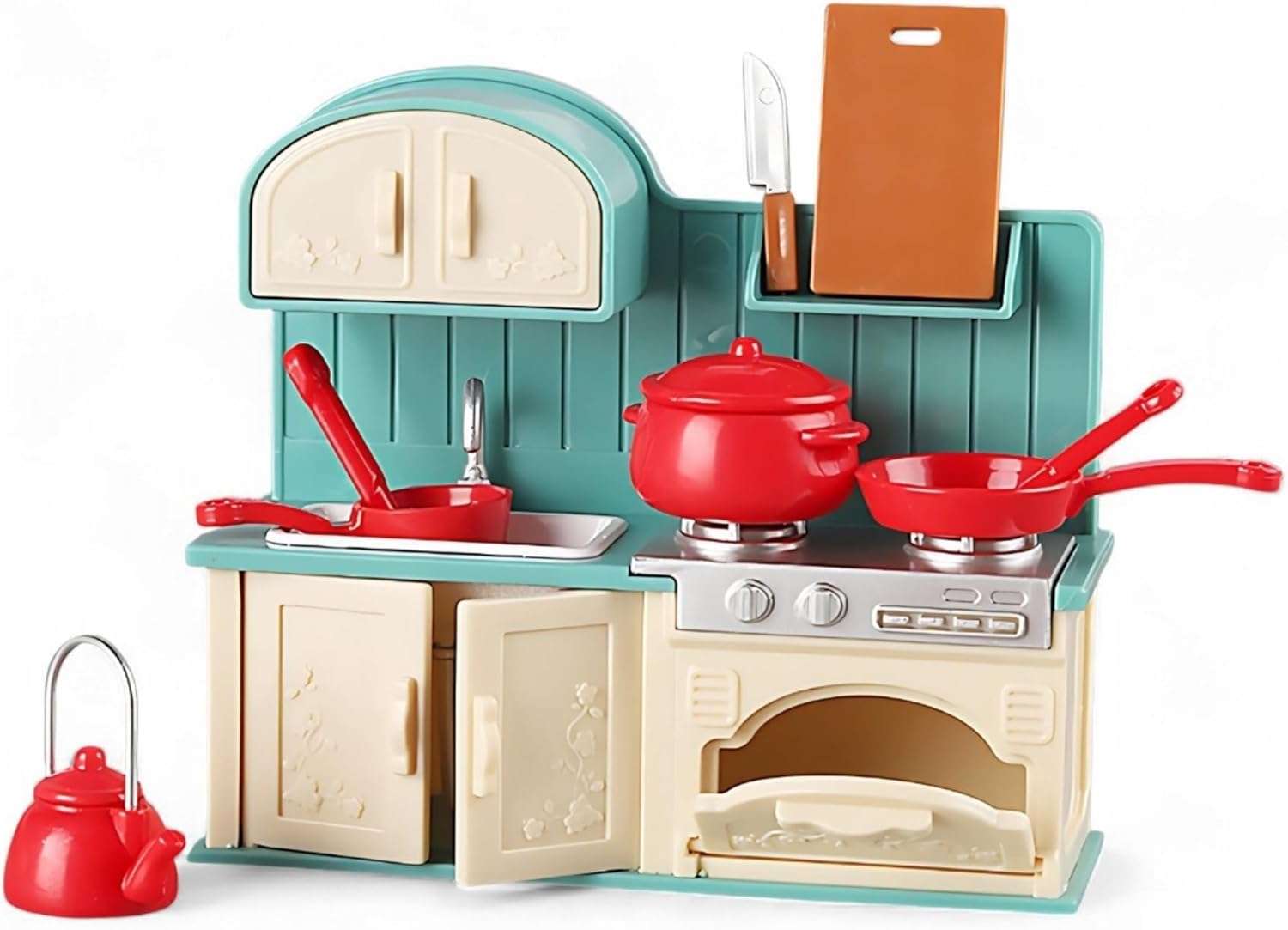 Family Dollhouse Kitchen Set — Miniature Stove, Sink & Oven with Frying Pan, Saucepan, Kettle, Utensils & Cutting Board — Dollhouse Furniture & Accessories for Ages 3+ OleocaToys
