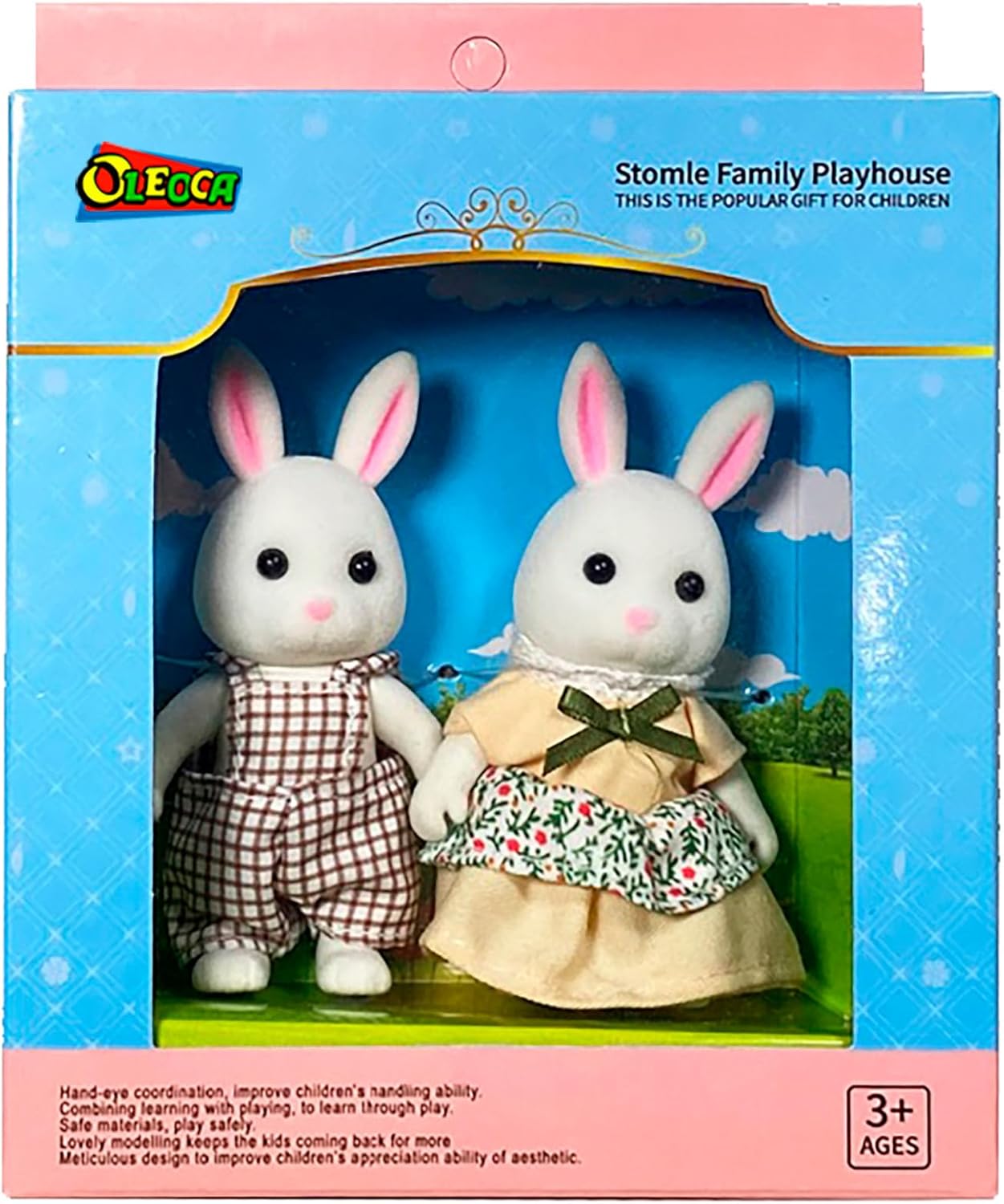 Family White Rabbit Figures — Set of 2 Collectible Flocked Mini Dolls with Removable Clothes, Miniature Dollhouse Pretend Play Figures for Kids Ages 3+ OleocaToys